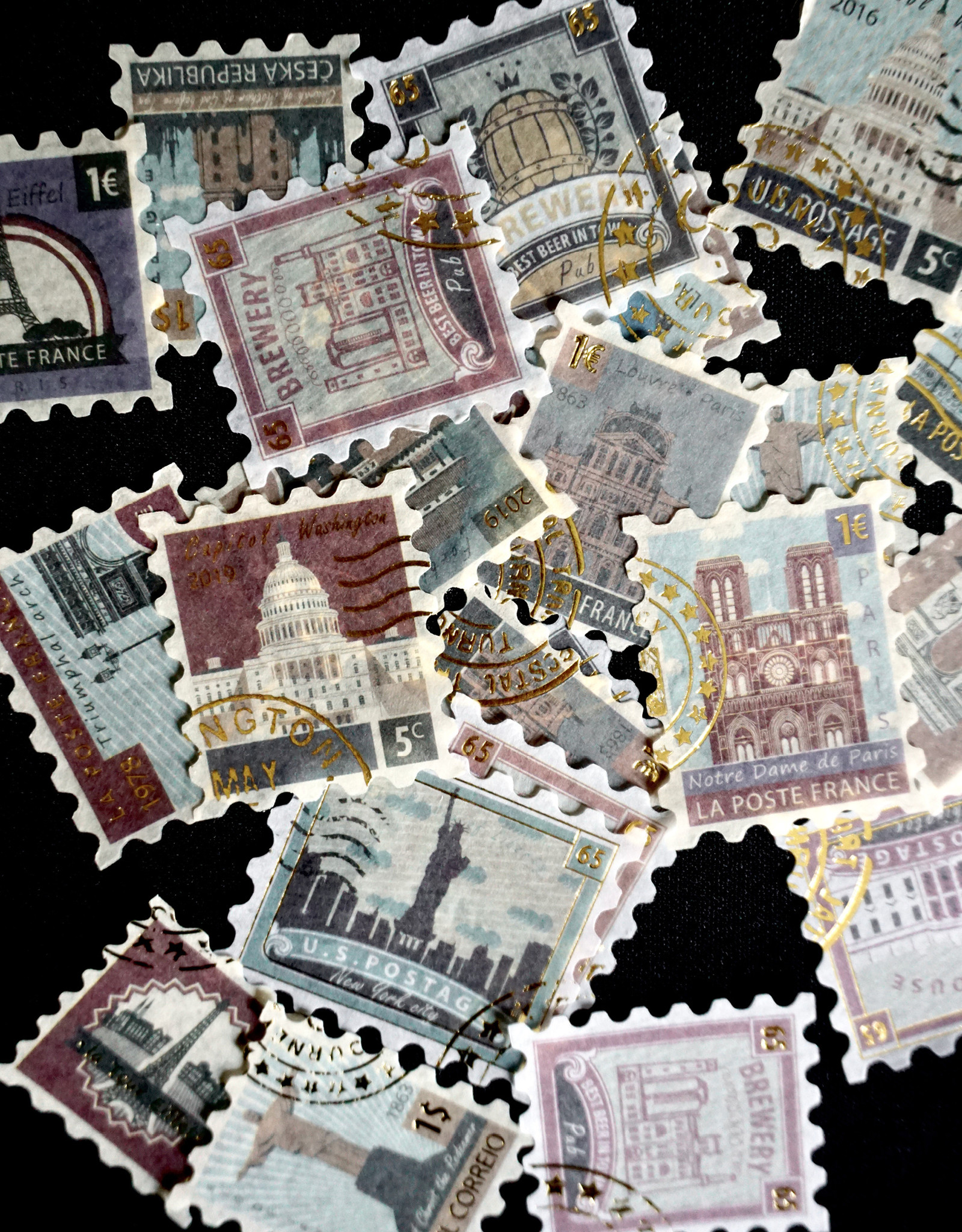Dekorative Briefmarken-Sticker WELT (15 Stück)