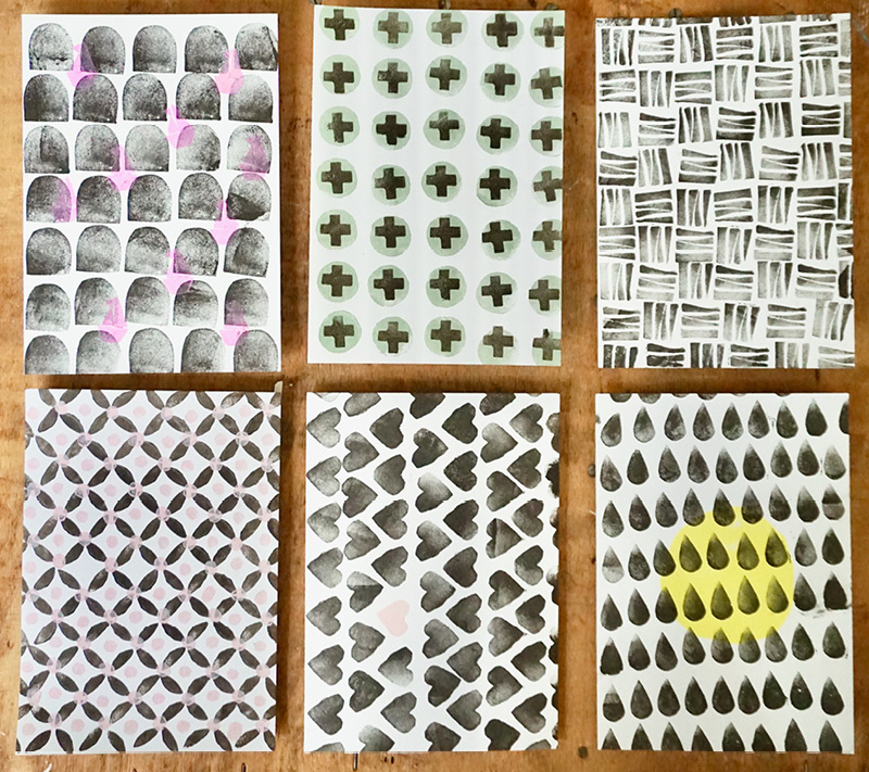 Handmade postcards made using mini stamps