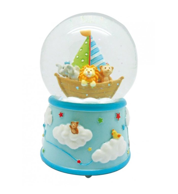 Muziekdoosje met sneeuwbol blauwe zeilboot met beestjes 12,5 cm - Copy