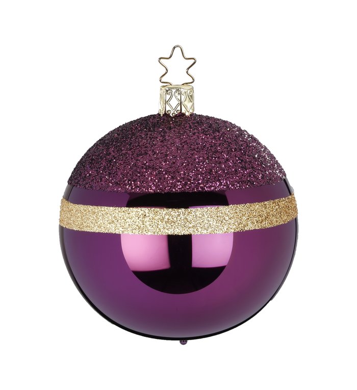 Inge Glas Manufaktur Glittertop aubergine / druif kleur met goud kerstbal 8 cm