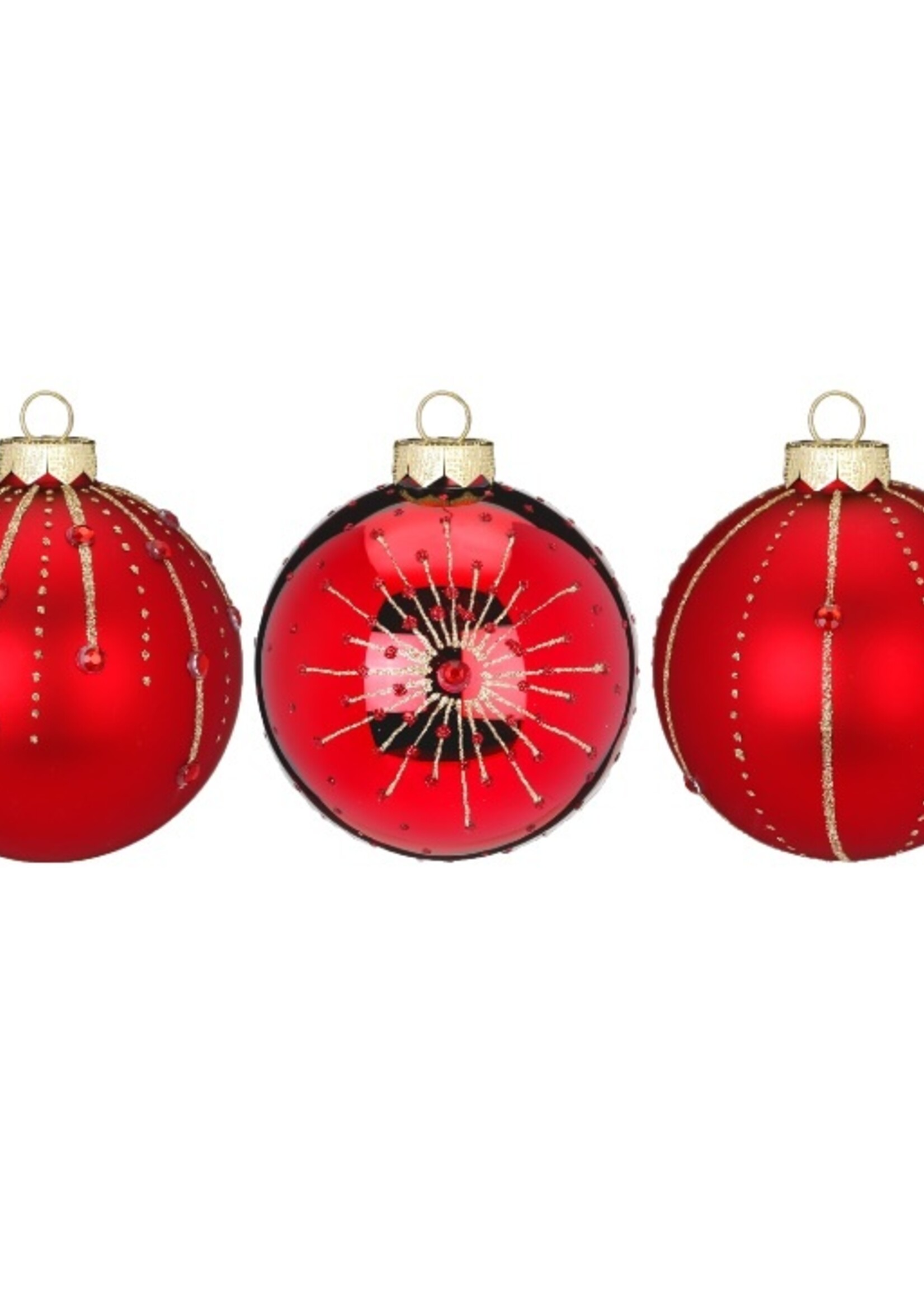 Set van 3 - Glazen rode kerstballen deluxe 8 cm