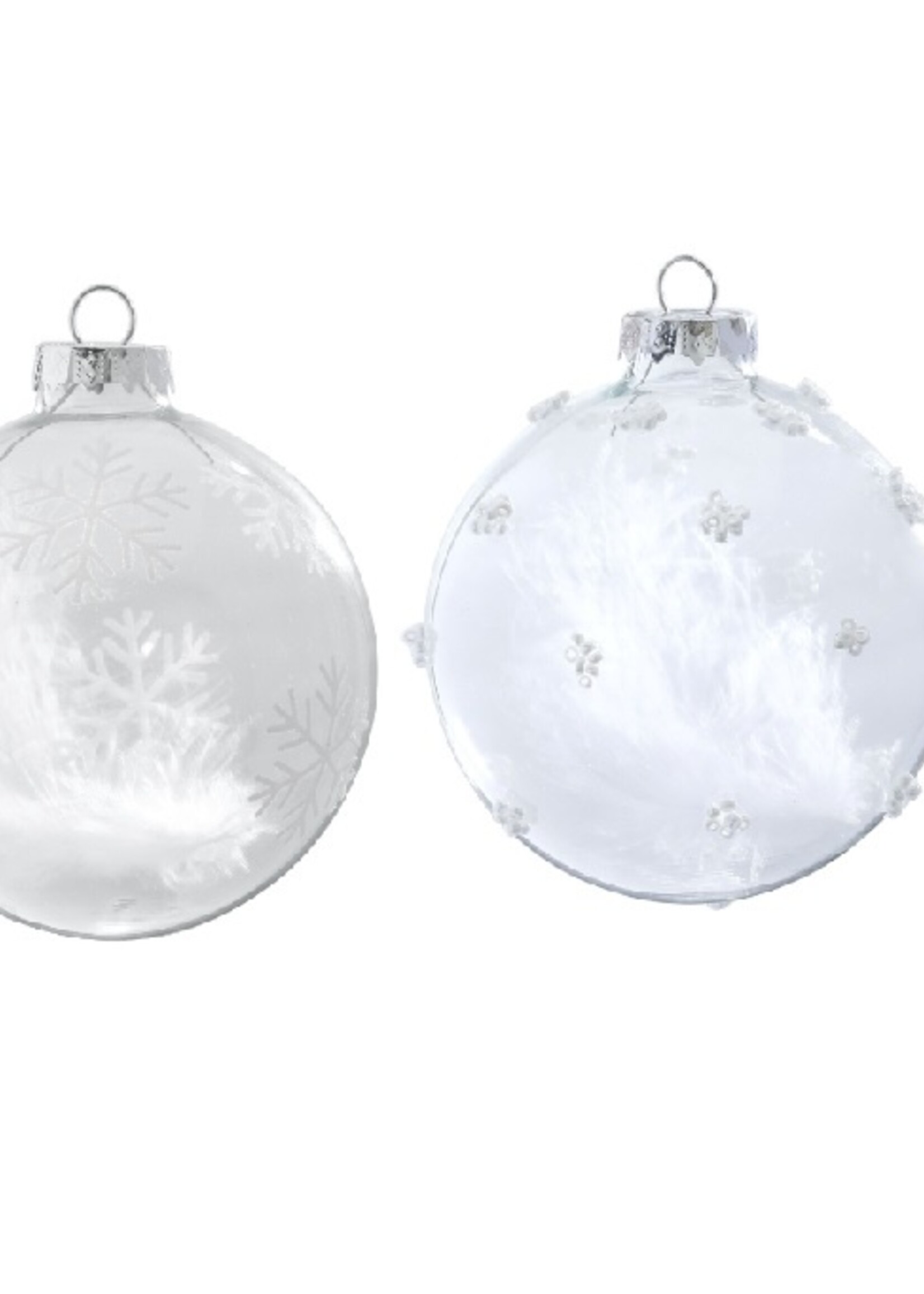 Set van 2 glazen transparante kerstballen met een veertje 8 cm