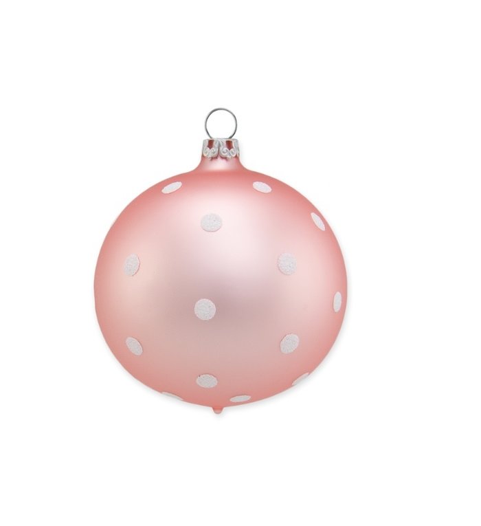 Stippen kerstbal abrikoos kleurig / zalm roze en wit stipjes 8 cm