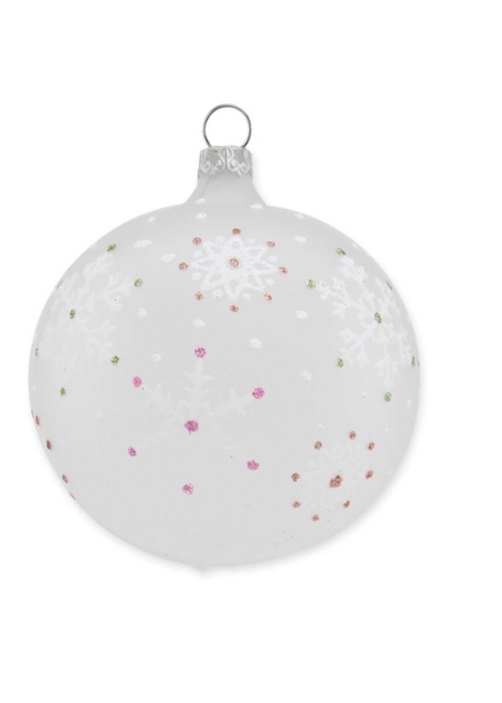 Zilver witte kerstbal met sneeuwvlokken 8 cm