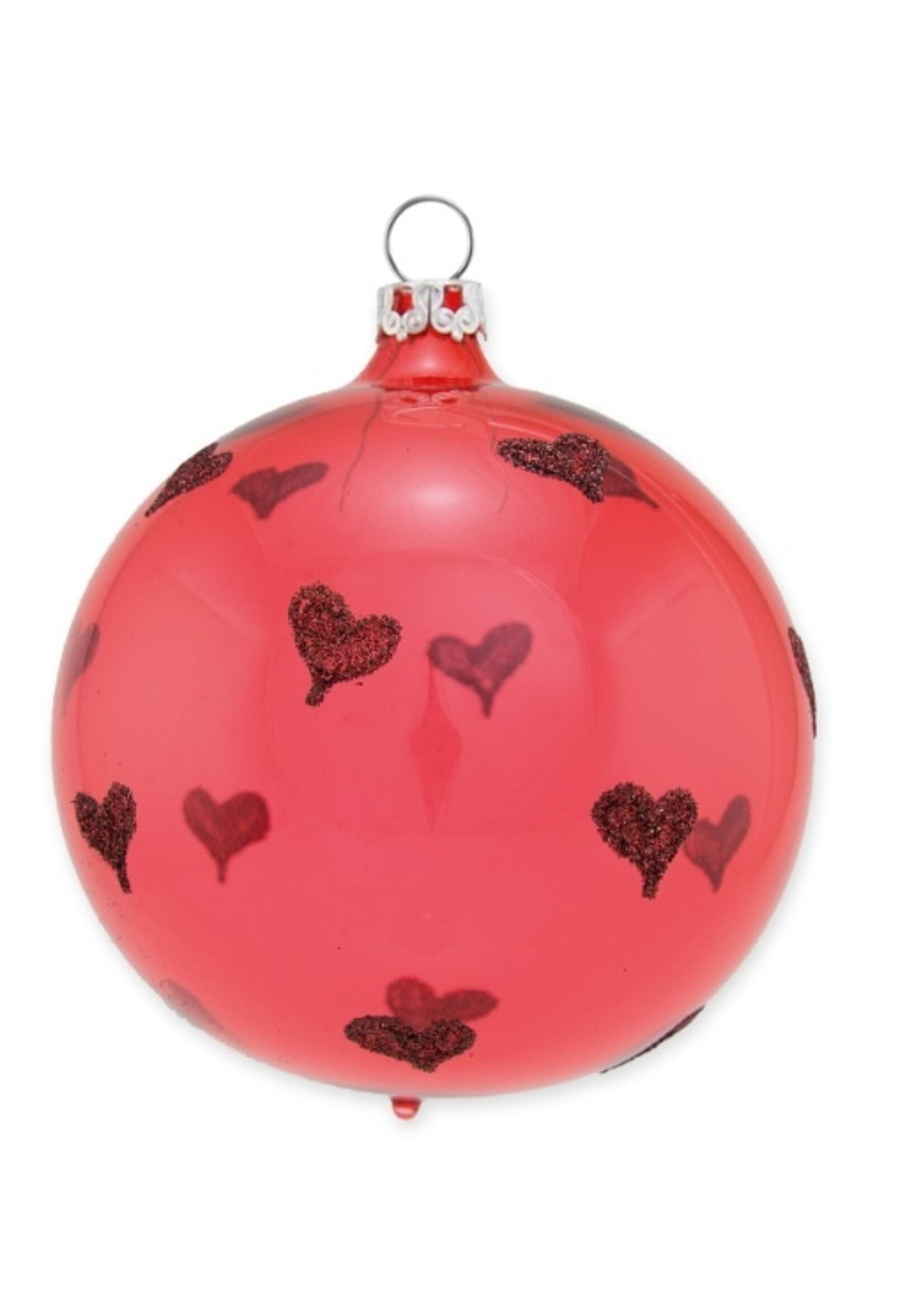 Glazen transparante koraal rode kerstbal 8 cm Heel veel hartjes