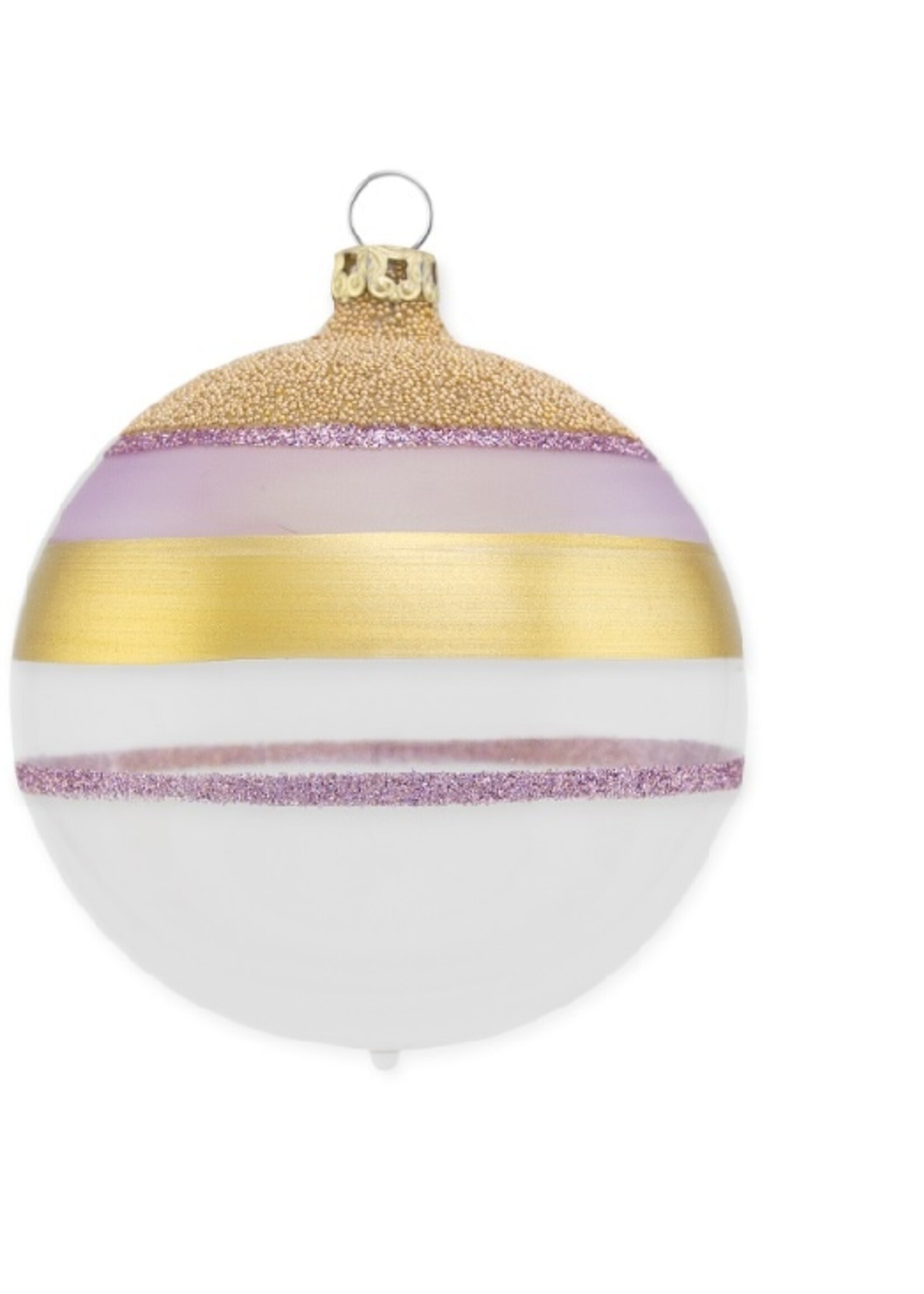 Witte en transparante kerstbal met glitter streepjes in paars en goud 8 cm