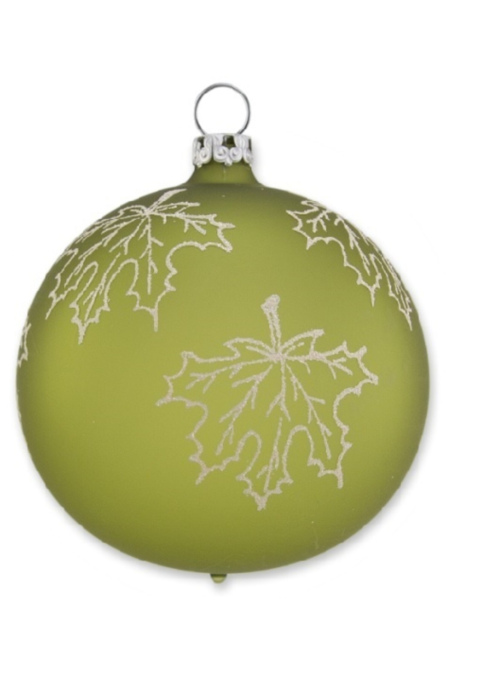 Geel groene matte kerstbal met vallend esdoornblad 8 cm