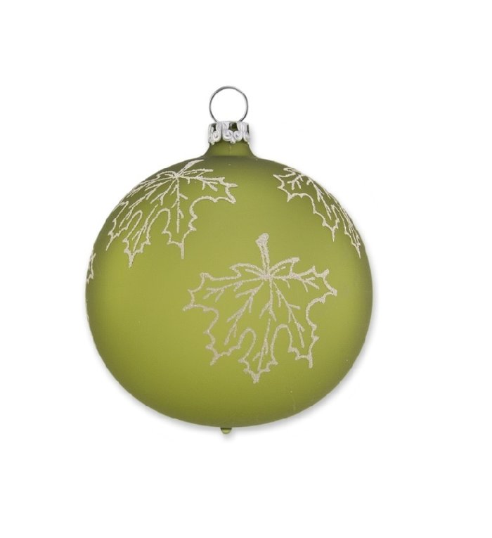 Geel groene matte kerstbal met vallend esdoornblad 8 cm