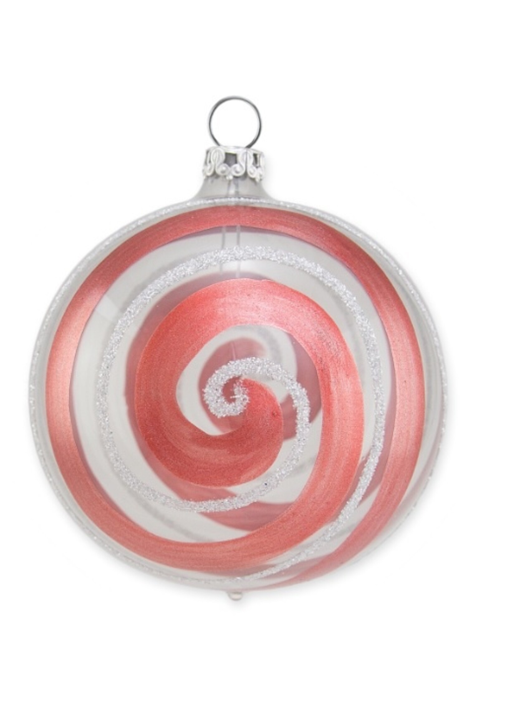 Transparante kerstbal met terra kleurige roodoranje en witte spiraal van 8 cm