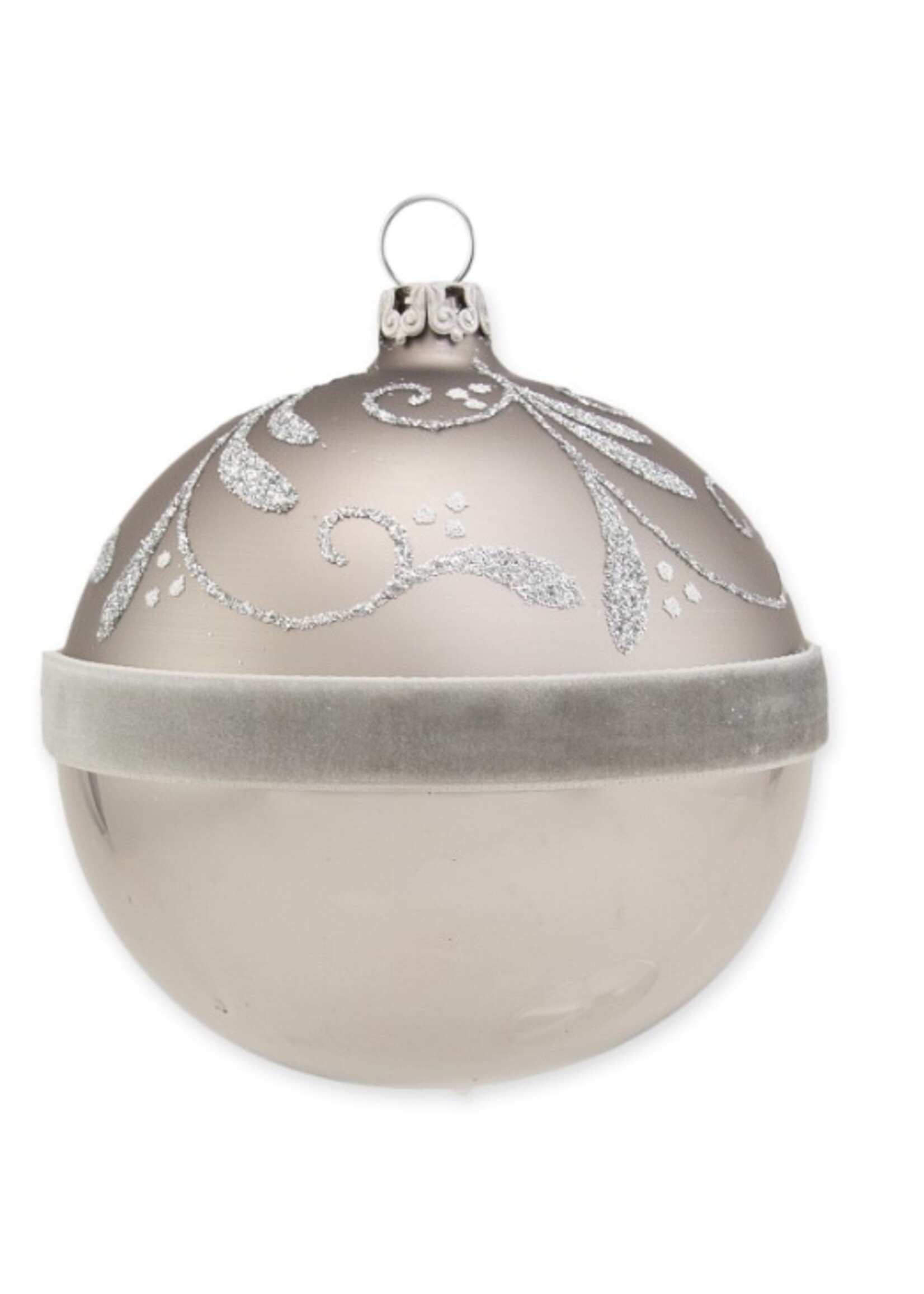 Duif grijze kerstbal met viltenband en glitter ranken 8 cm