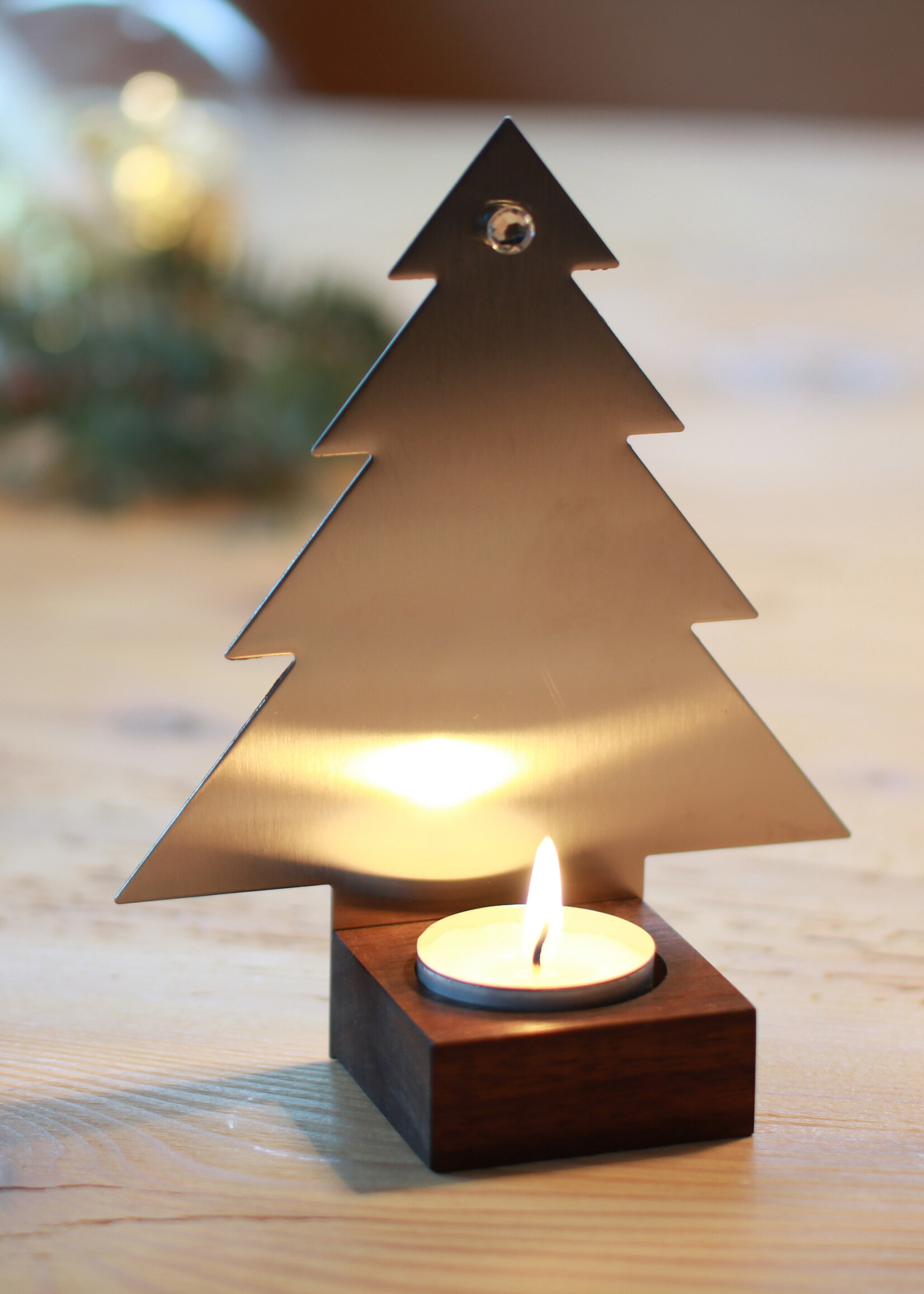 designimdorf Waxinelichthouder kerstboom van notenhout en edelstaal