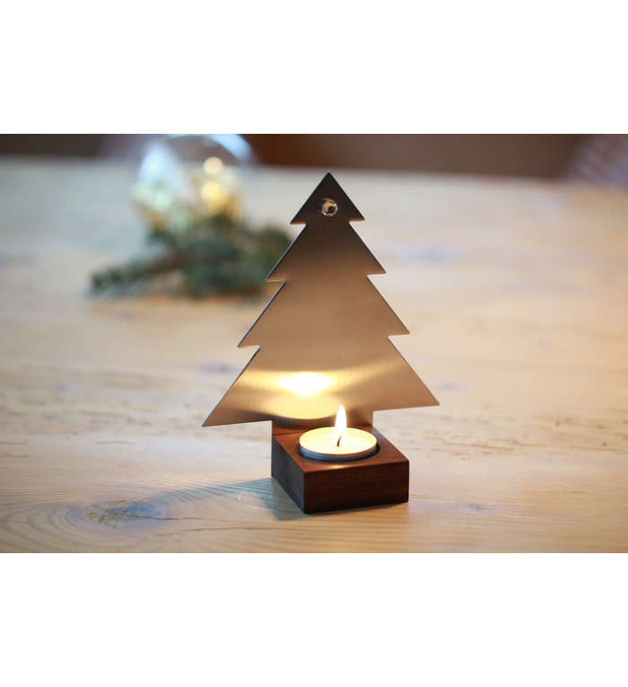 designimdorf Waxinelichthouder kerstboom van notenhout en edelstaal