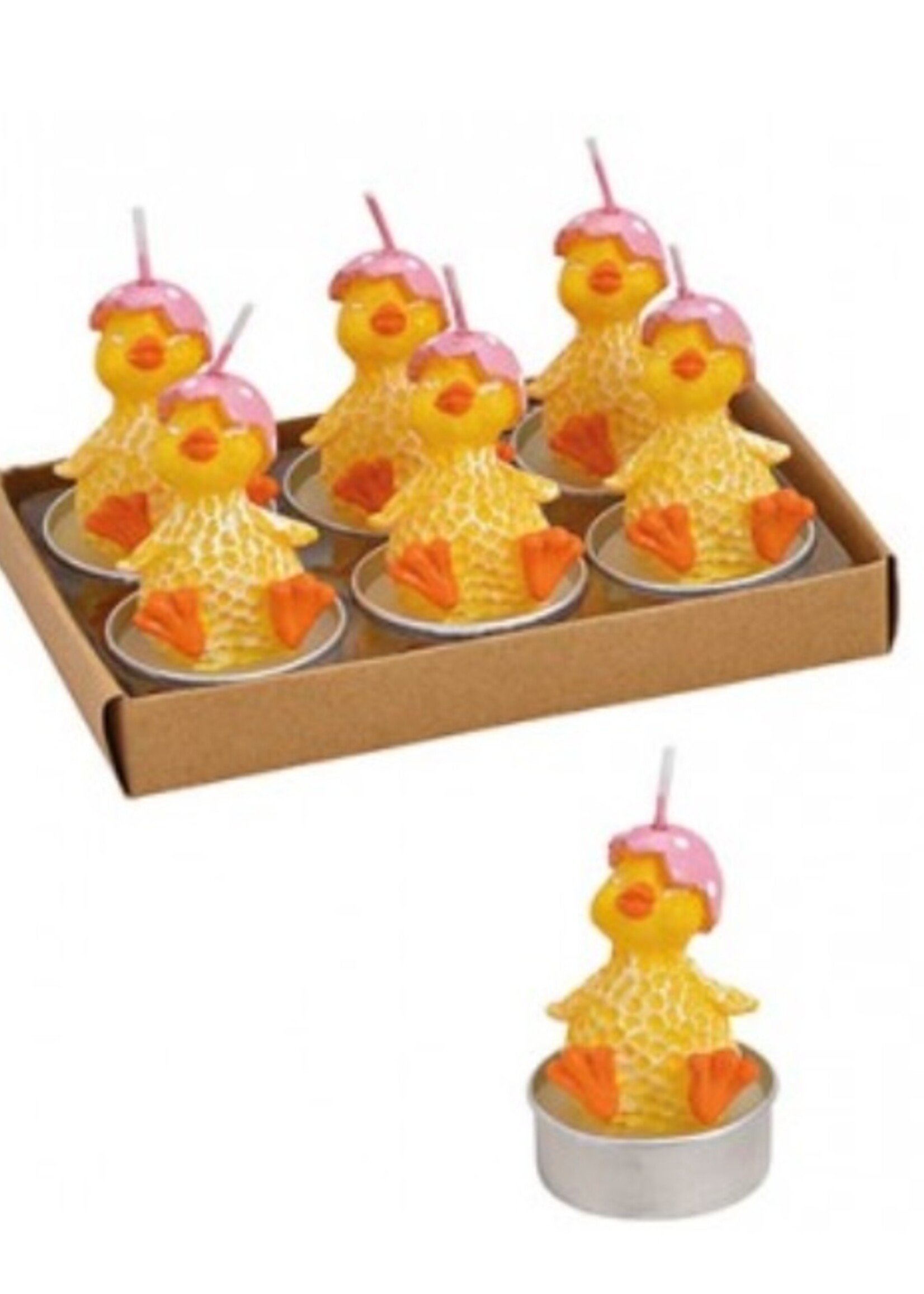 Set van 6 waxinelichtjes  paaskuiken met roze eierschaalhoedje