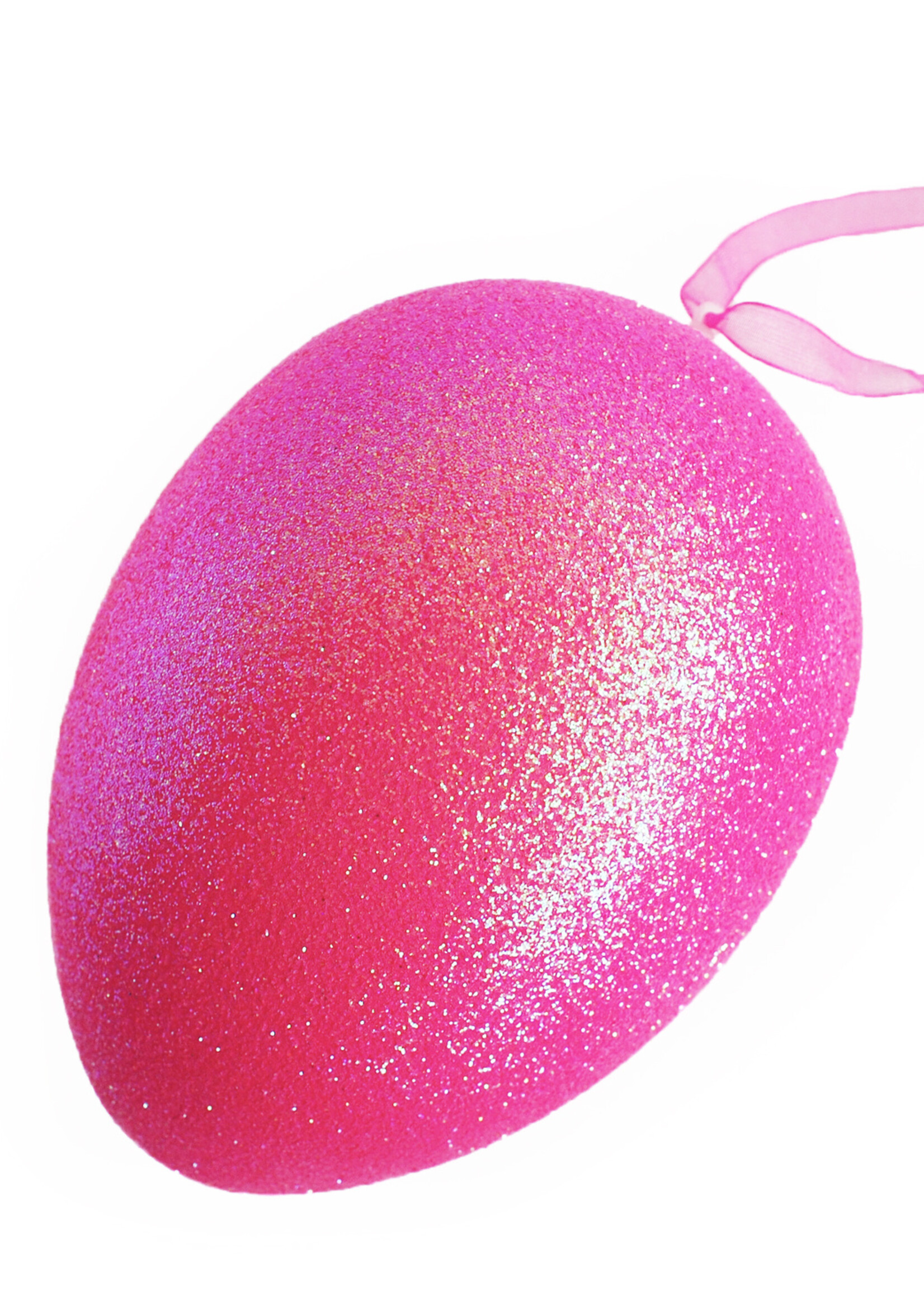 Knalroze glitter paasei 18 cm met ophanglint