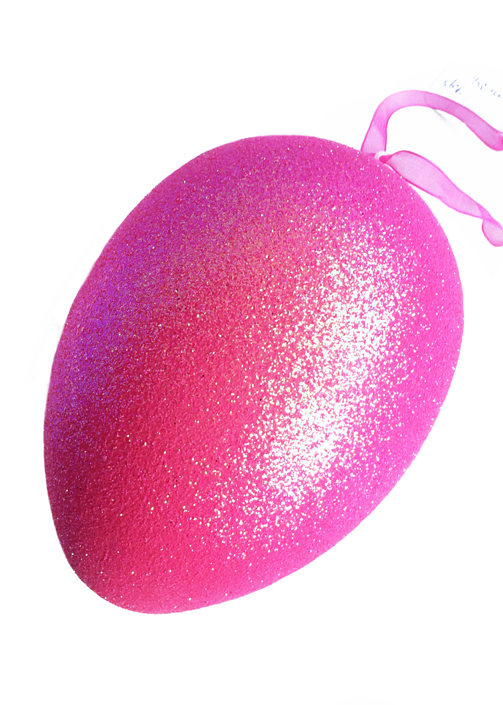 Knalroze glitter paasei 18 cm met ophanglint