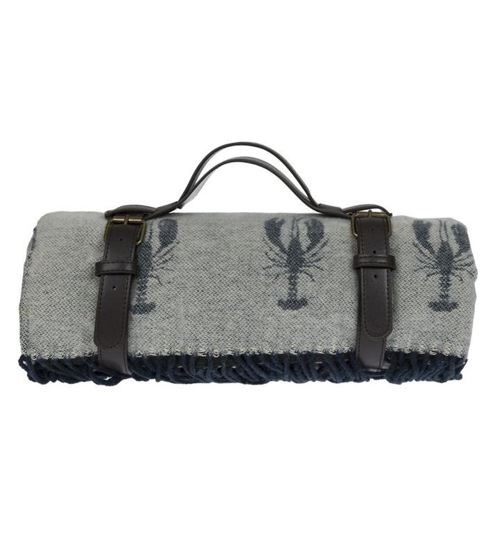 Sophie Allport blauwgrijs picknickkleed met kreeft patroon