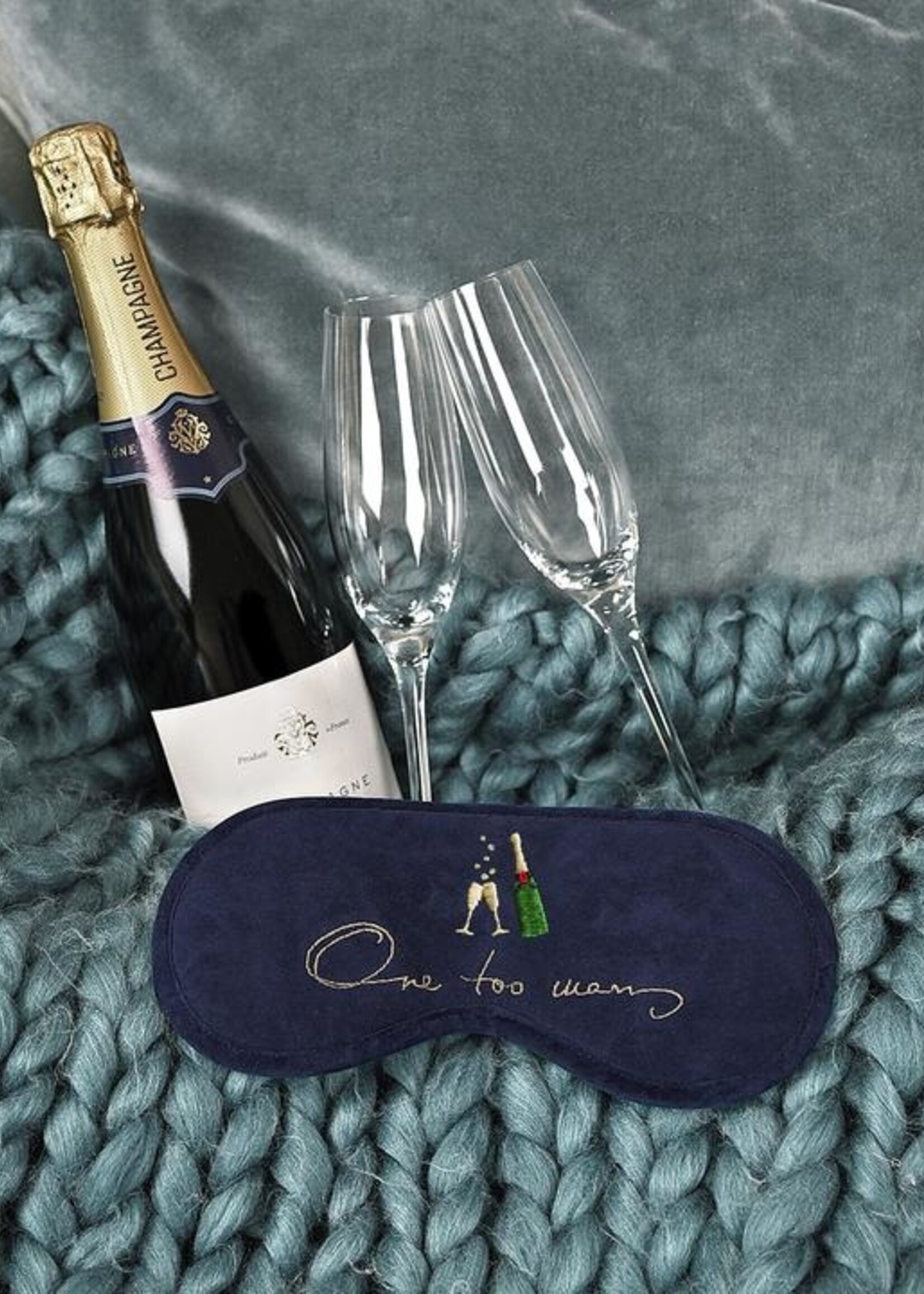 Sophie Allport slaapmasker - oog masker met champagneglazen en tekst "One too many"