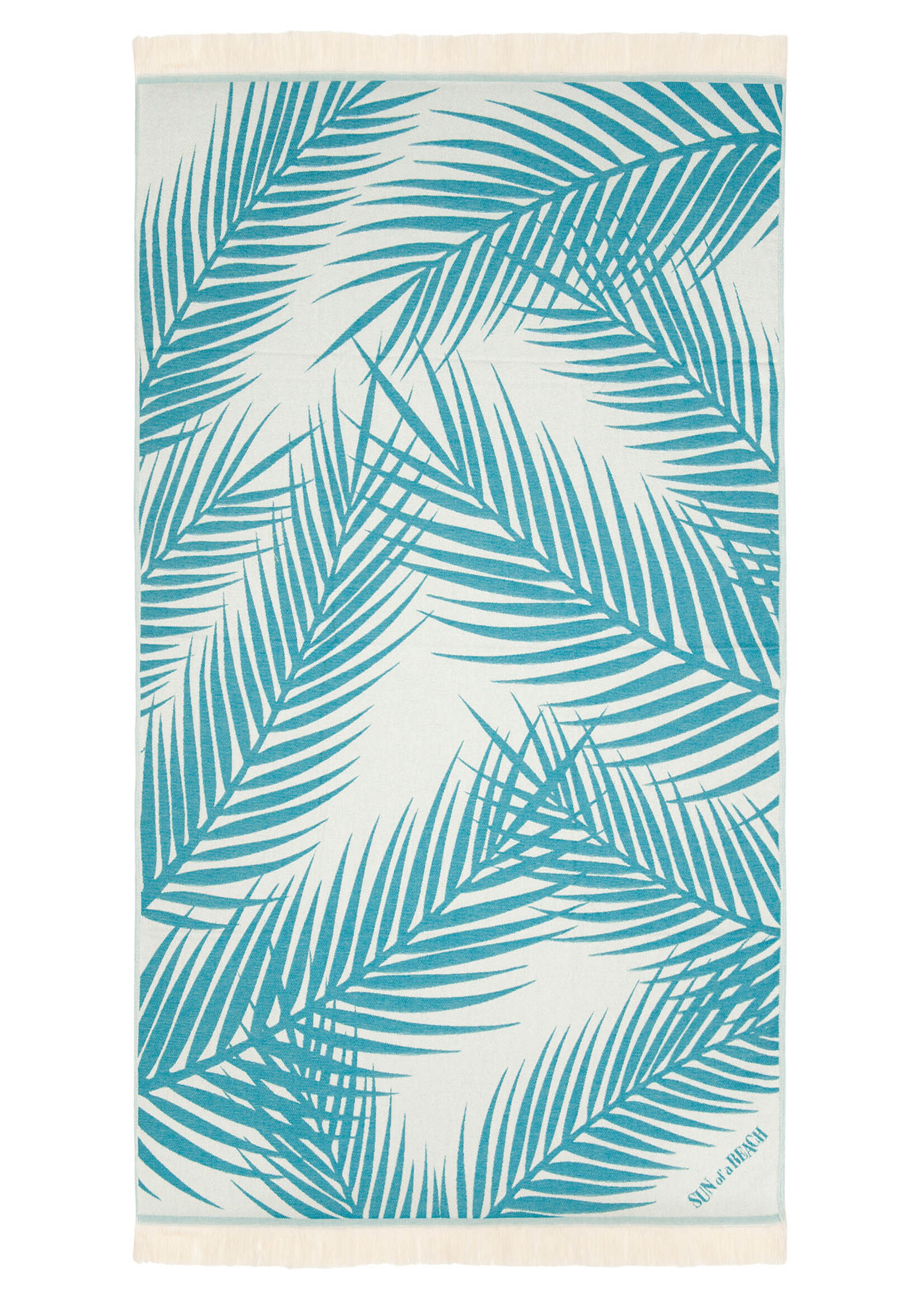 Sun of a Beach  vederlichte petrol blauwe strandhanddoek - hamamdoek met bladeren van palmbomen