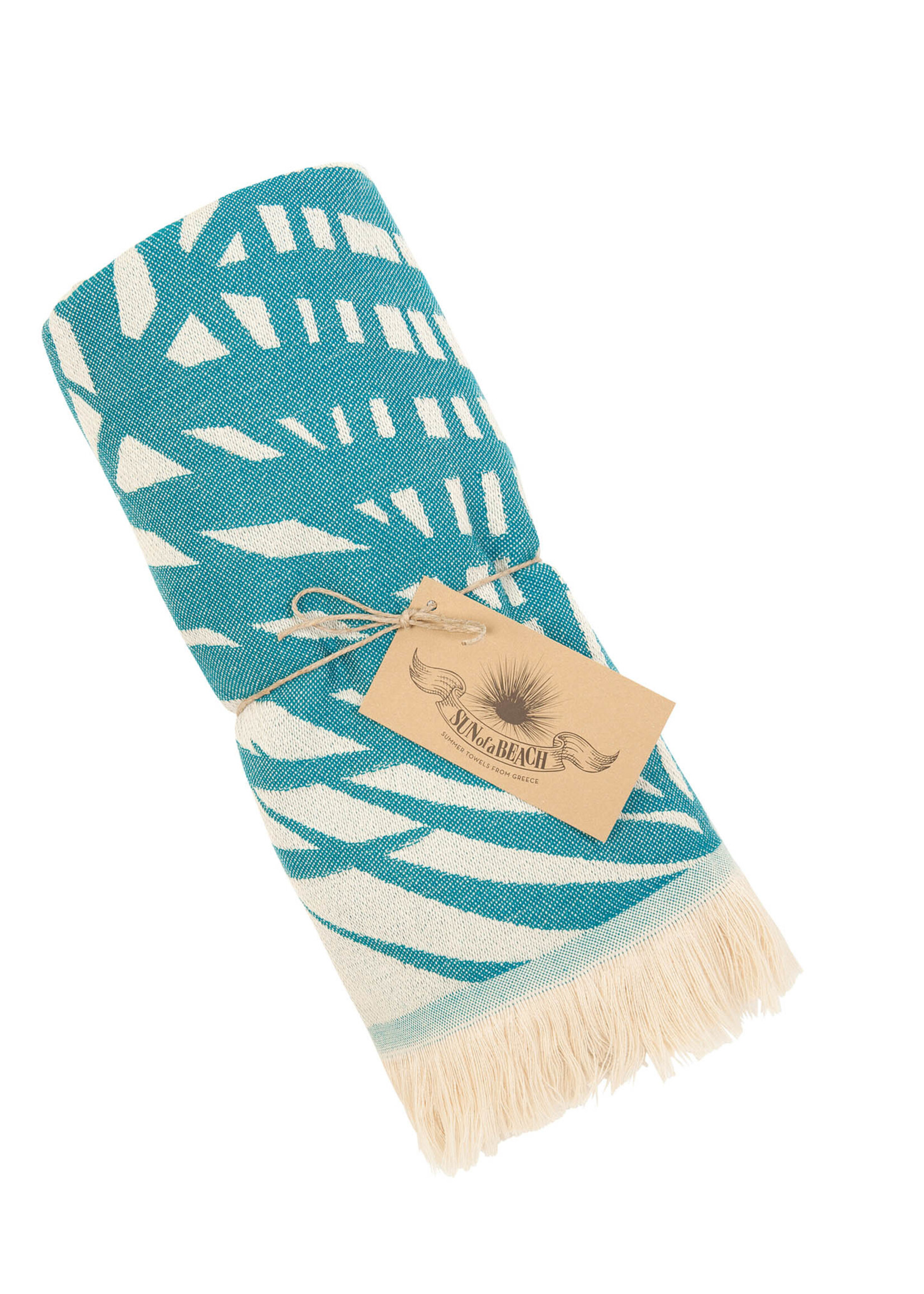 Sun of a Beach  vederlichte petrol blauwe strandhanddoek - hamamdoek met bladeren van palmbomen