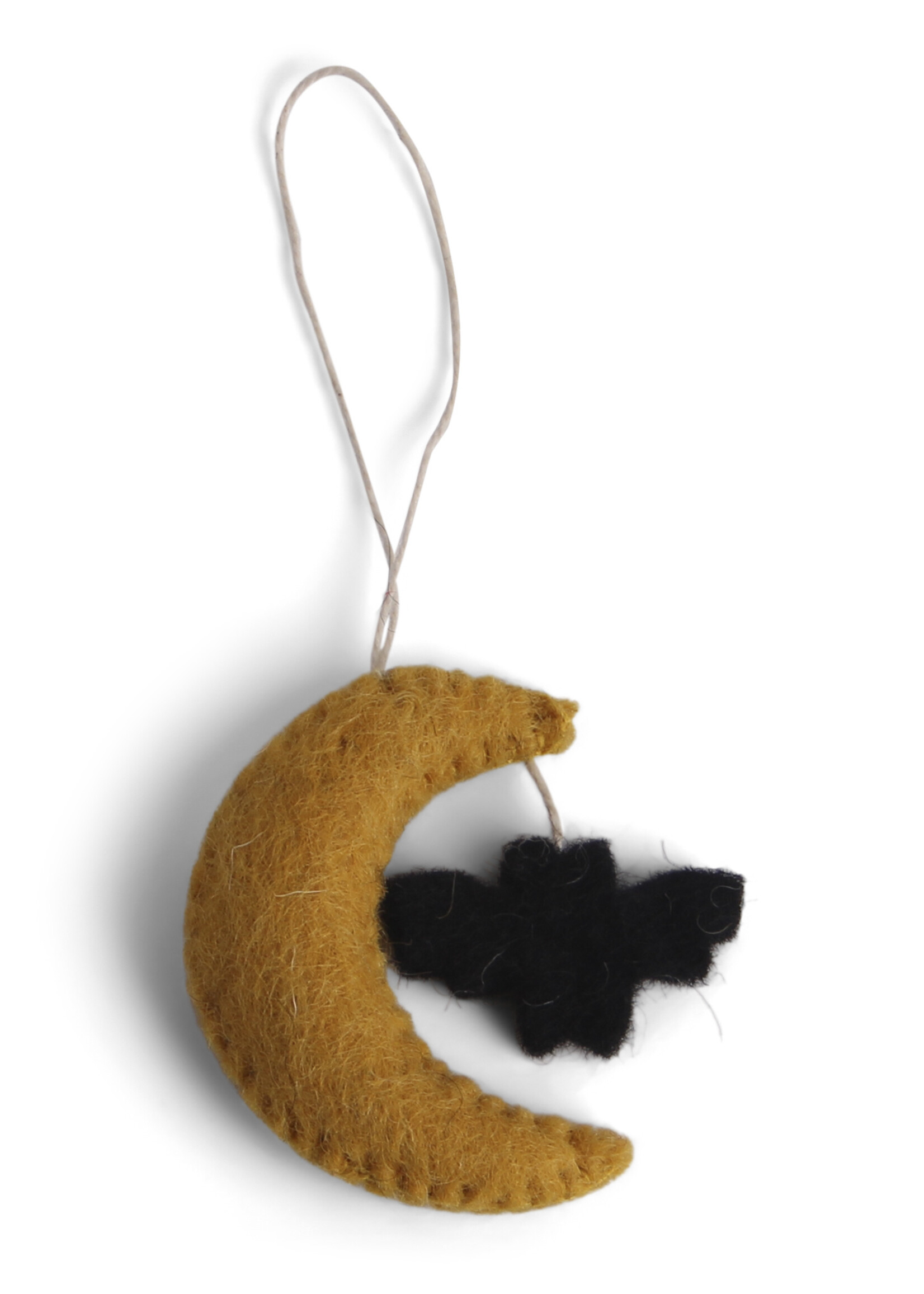 Én Gry & Sif drie handgemaakte vilten Halloween Maantje met vleermuizen - decoratie hangertjes