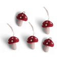 Én Gry & Sif vijf handgemaakte vilten Herfst / Kerst mini paddenstoelen rood met witte stippen - kerstboom decoratie hangertjes