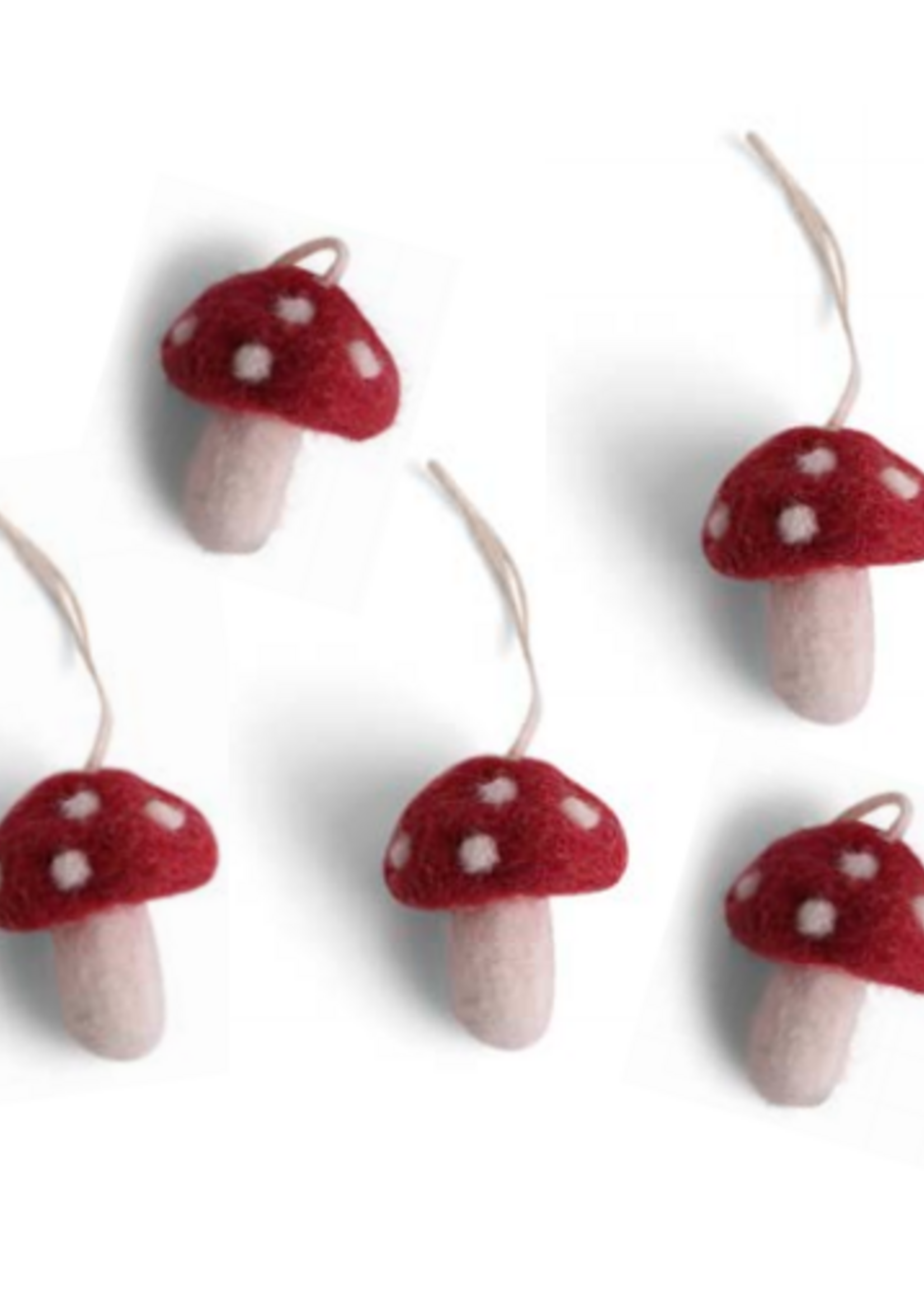 Én Gry & Sif vijf handgemaakte vilten Herfst / Kerst mini paddenstoelen rood met witte stippen - kerstboom decoratie hangertjes