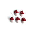 Én Gry & Sif vijf handgemaakte vilten Herfst / Kerst mini paddenstoelen rood met witte stippen - kerstboom decoratie hangertjes