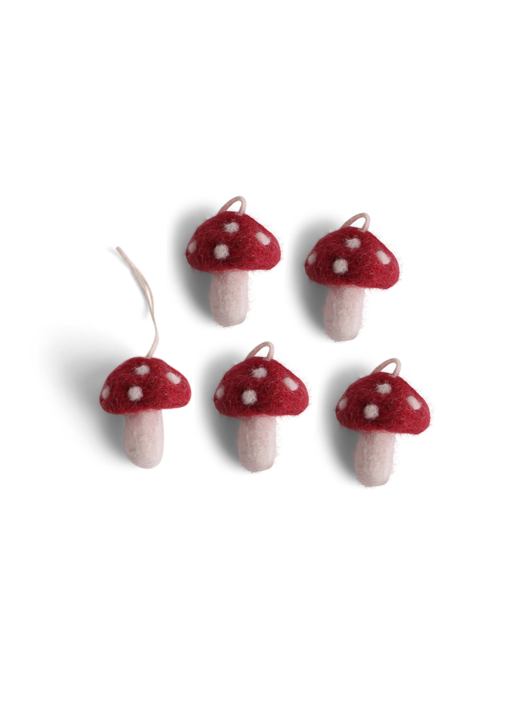 Én Gry & Sif vijf handgemaakte vilten Herfst / Kerst mini paddenstoelen rood met witte stippen - kerstboom decoratie hangertjes