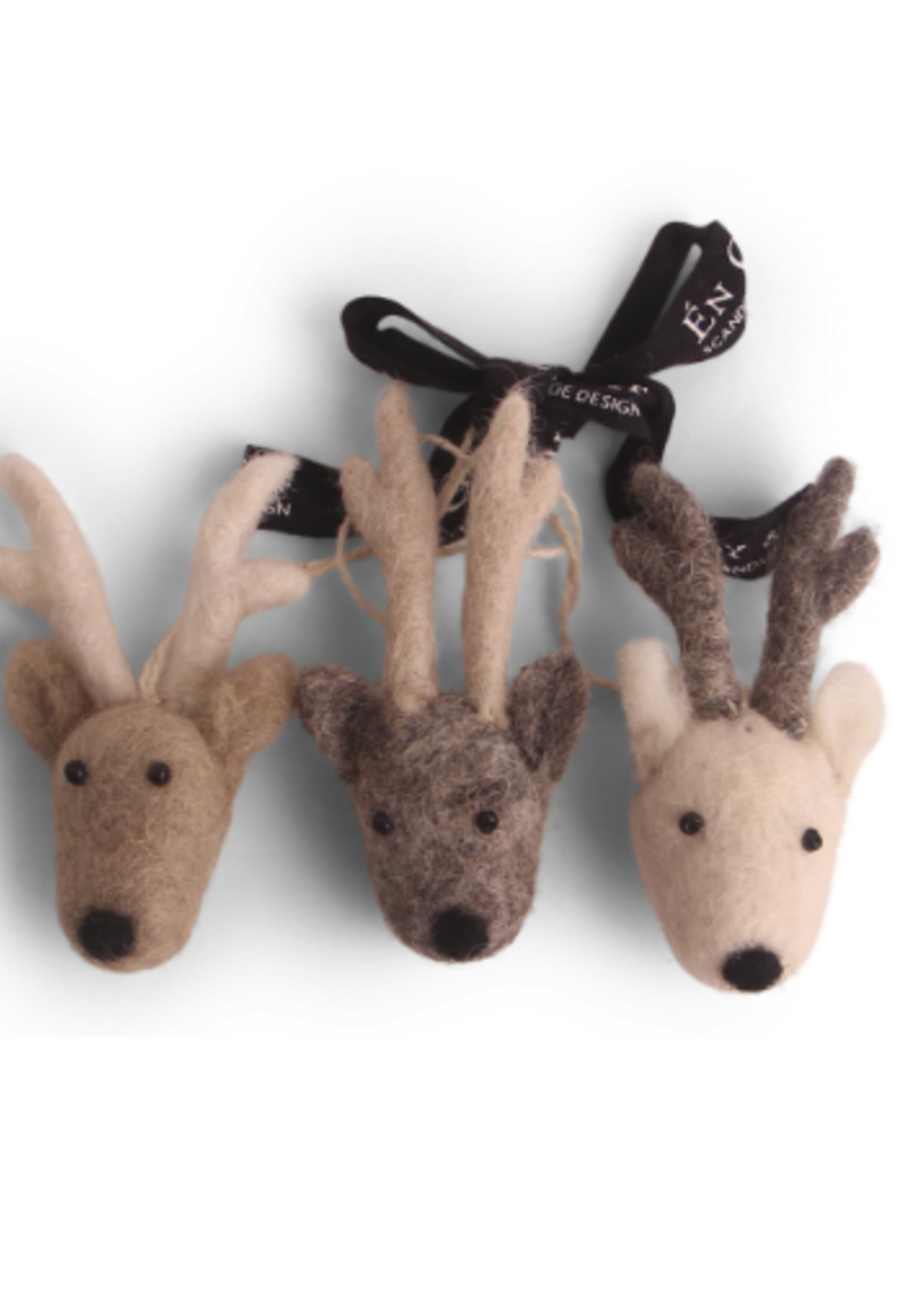 Én Gry & Sif drie handgemaakte vilten rendier gezichten - bruin en grijs - kerstboom decoratie hangertjes