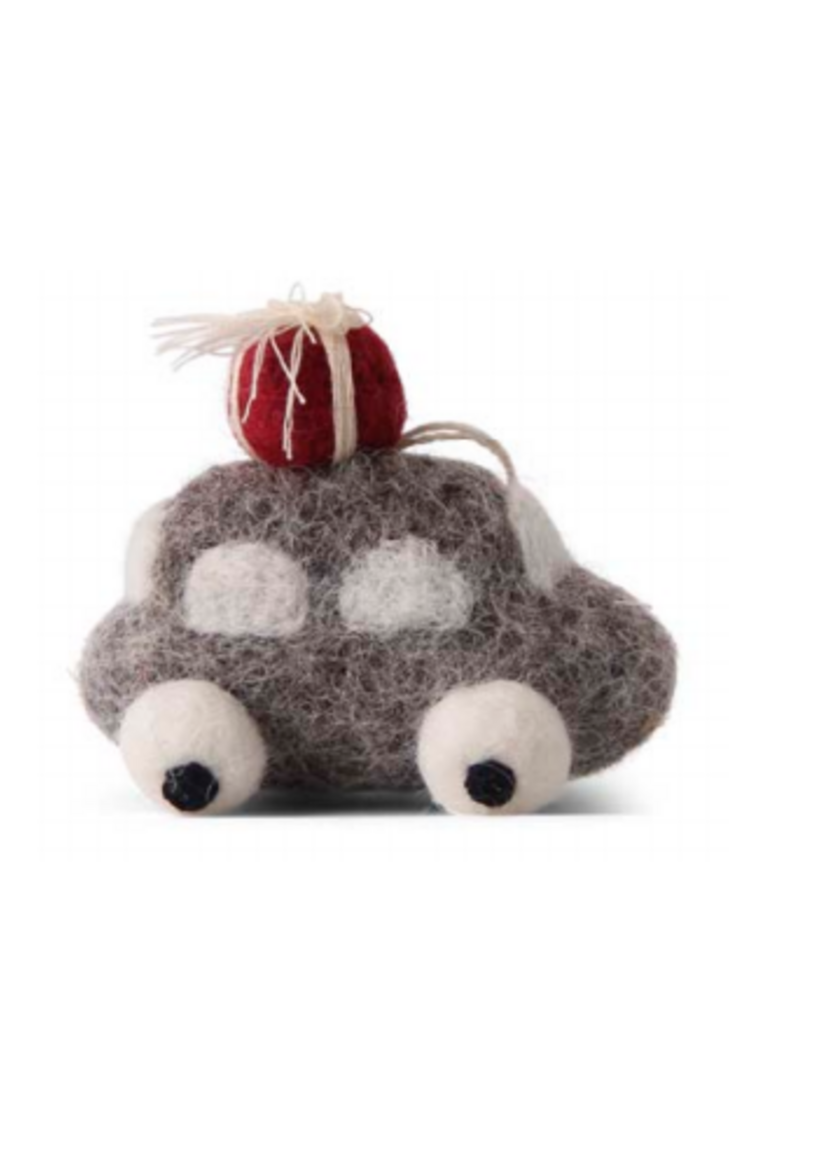 Én Gry & Sif handgemaakte grijze vilten kerst auto met kerstcadeautjes op het dak - kerstboom decoratie hangertje