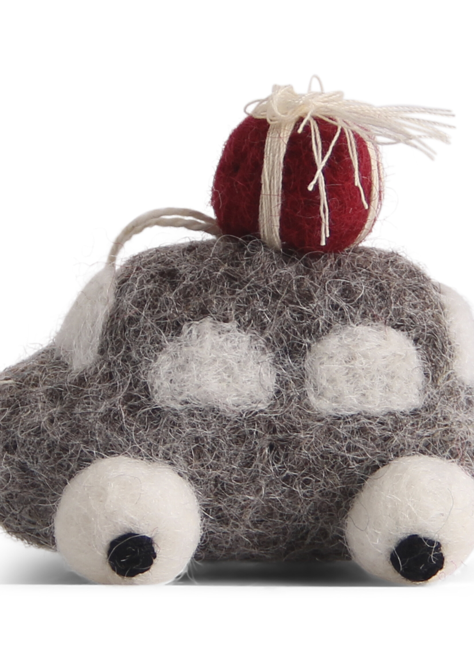 Én Gry & Sif handgemaakte grijze vilten kerst auto met kerstcadeautjes op het dak - kerstboom decoratie hangertje