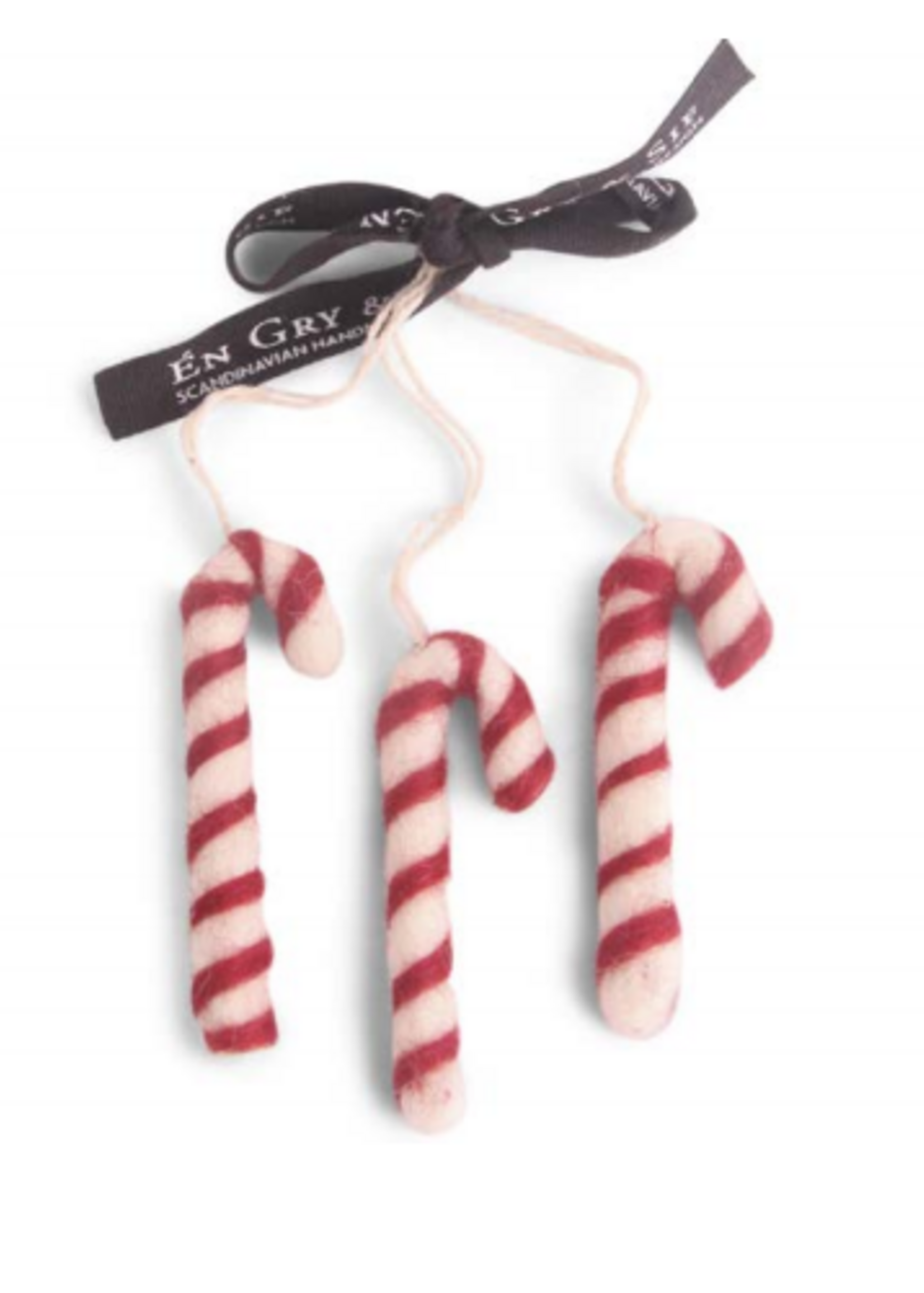 Én Gry & Sif drie handgemaakte vilten zuurstokken -  rood en wit - kerstboom decoratie hangertjes