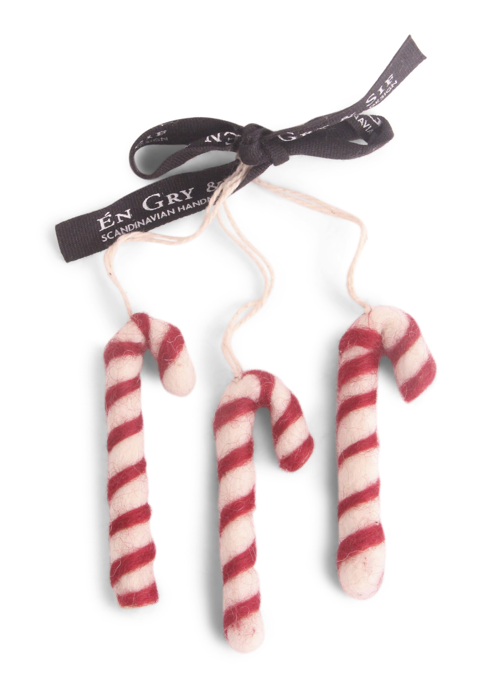 Én Gry & Sif drie handgemaakte vilten zuurstokken -  rood en wit - kerstboom decoratie hangertjes