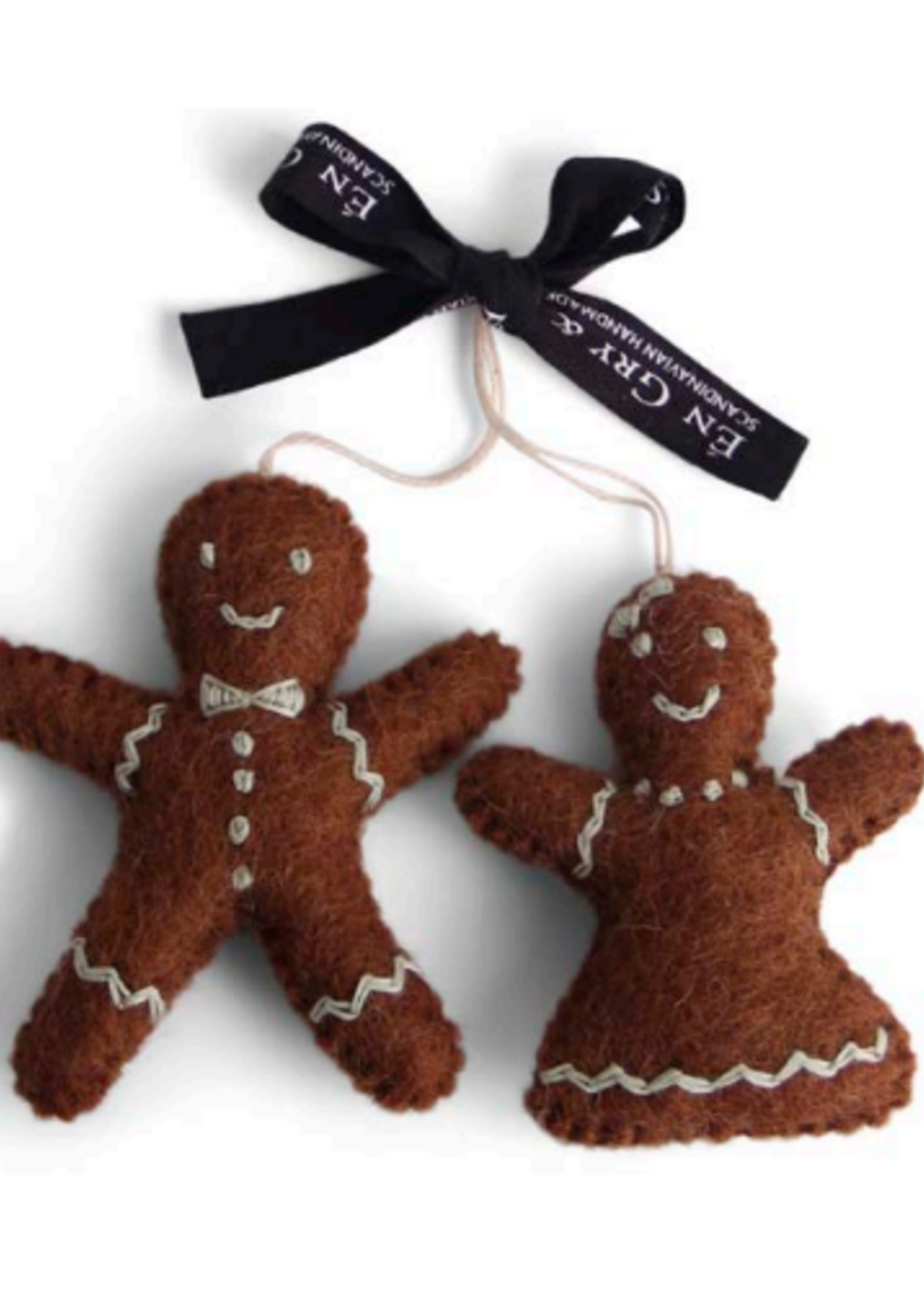 Én Gry & Sif handgemaakte vilten gingerbread boy & girl - kerstboom decoratie hangertjes