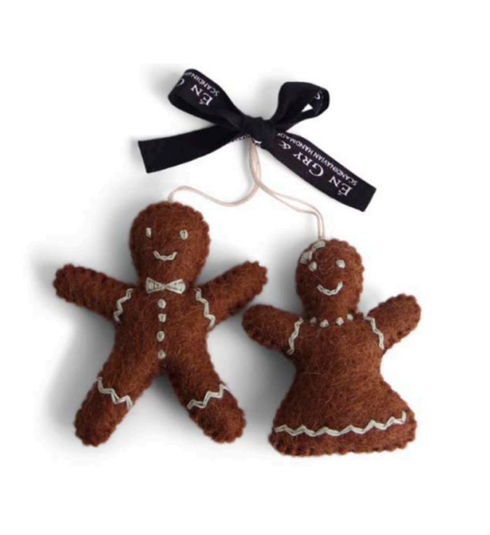 Én Gry & Sif handgemaakte vilten gingerbread boy & girl - kerstboom decoratie hangertjes