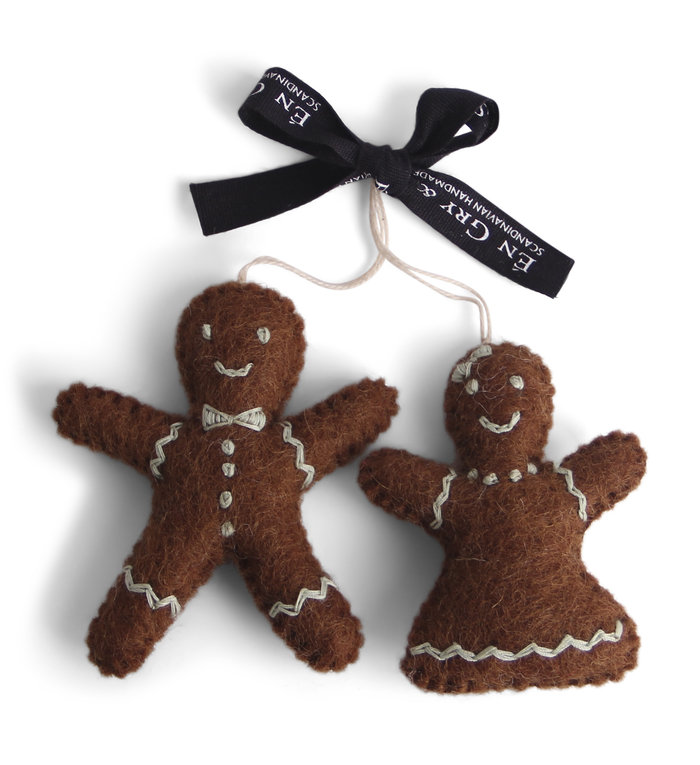 Én Gry & Sif handgemaakte vilten gingerbread boy & girl - kerstboom decoratie hangertjes