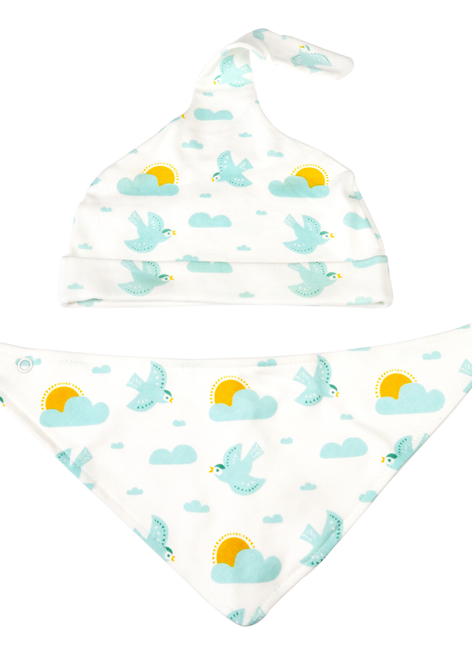 Rex London Babymutsje en babyslabbetje setje met blauwe vogeltjes