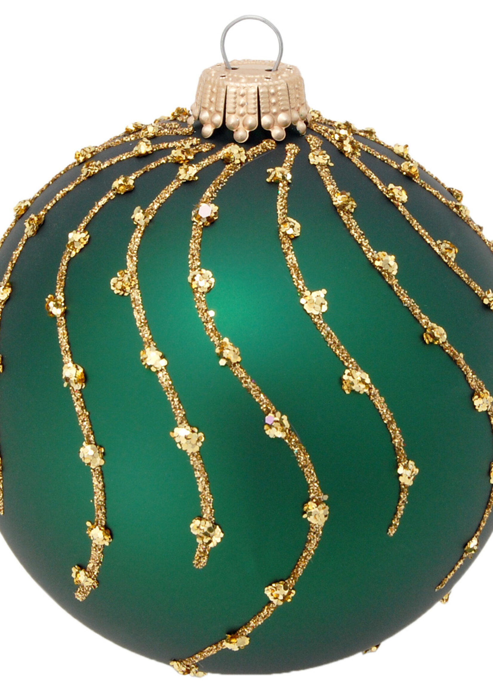 Krebs Glas Lauscha Glazen kerstbal mat groen met gouden glitter strepen 8 cm