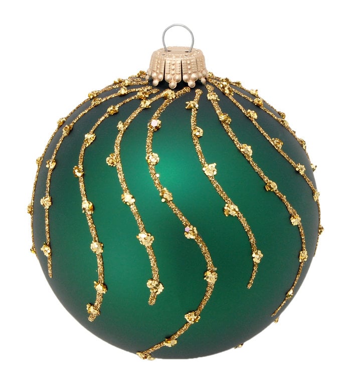 Krebs Glas Lauscha Glazen kerstbal mat groen met gouden glitter strepen 8 cm