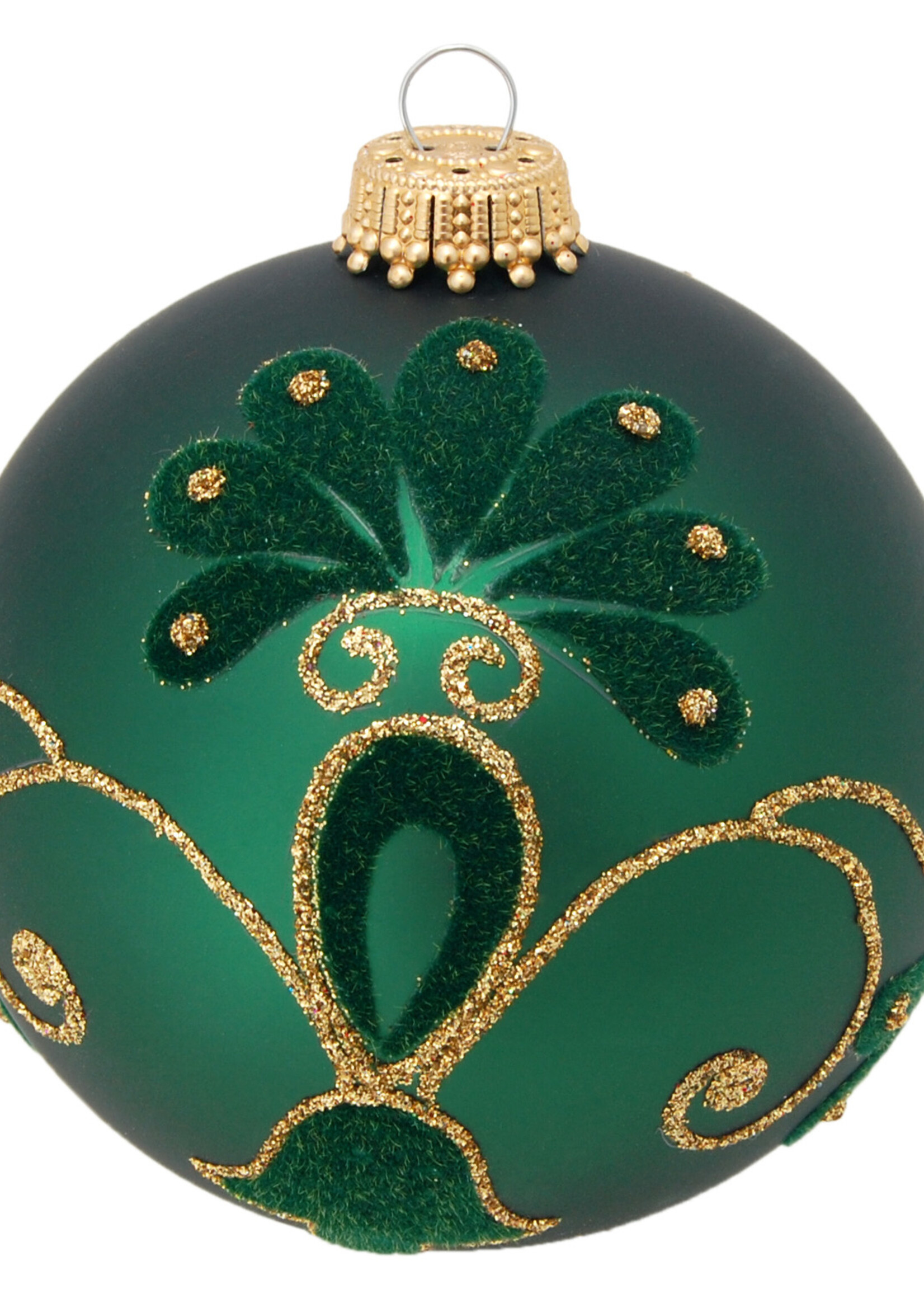 Krebs Glas Lauscha Glazen kerstbal mat groen met fluwelen decoratie en gouden glitters 8 cm