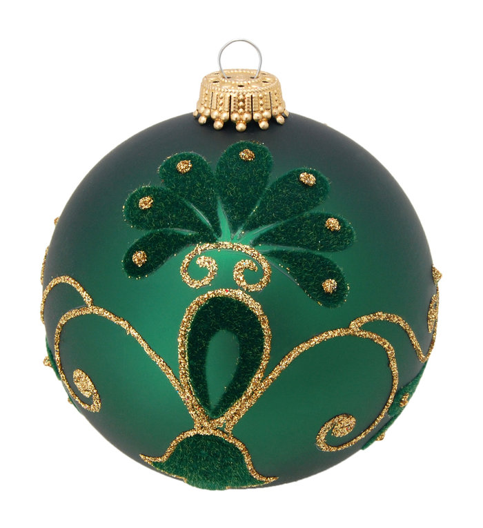 Krebs Glas Lauscha Glazen kerstbal mat groen met fluwelen decoratie en gouden glitters 8 cm