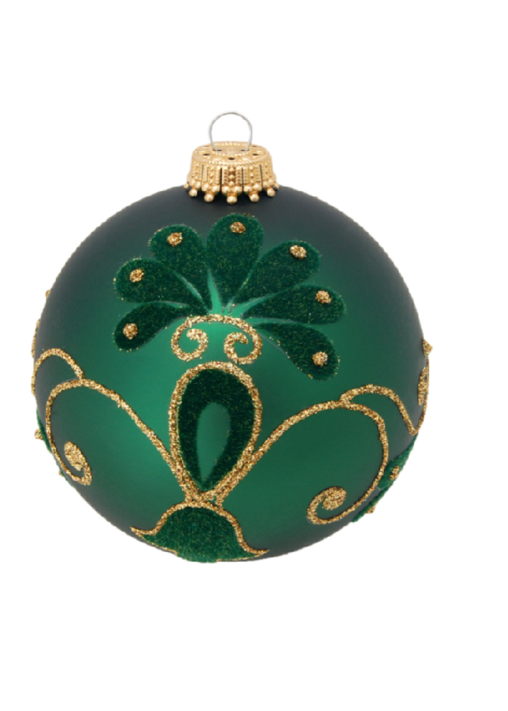 Krebs Glas Lauscha Glazen kerstbal mat groen met fluwelen decoratie en gouden glitters 8 cm
