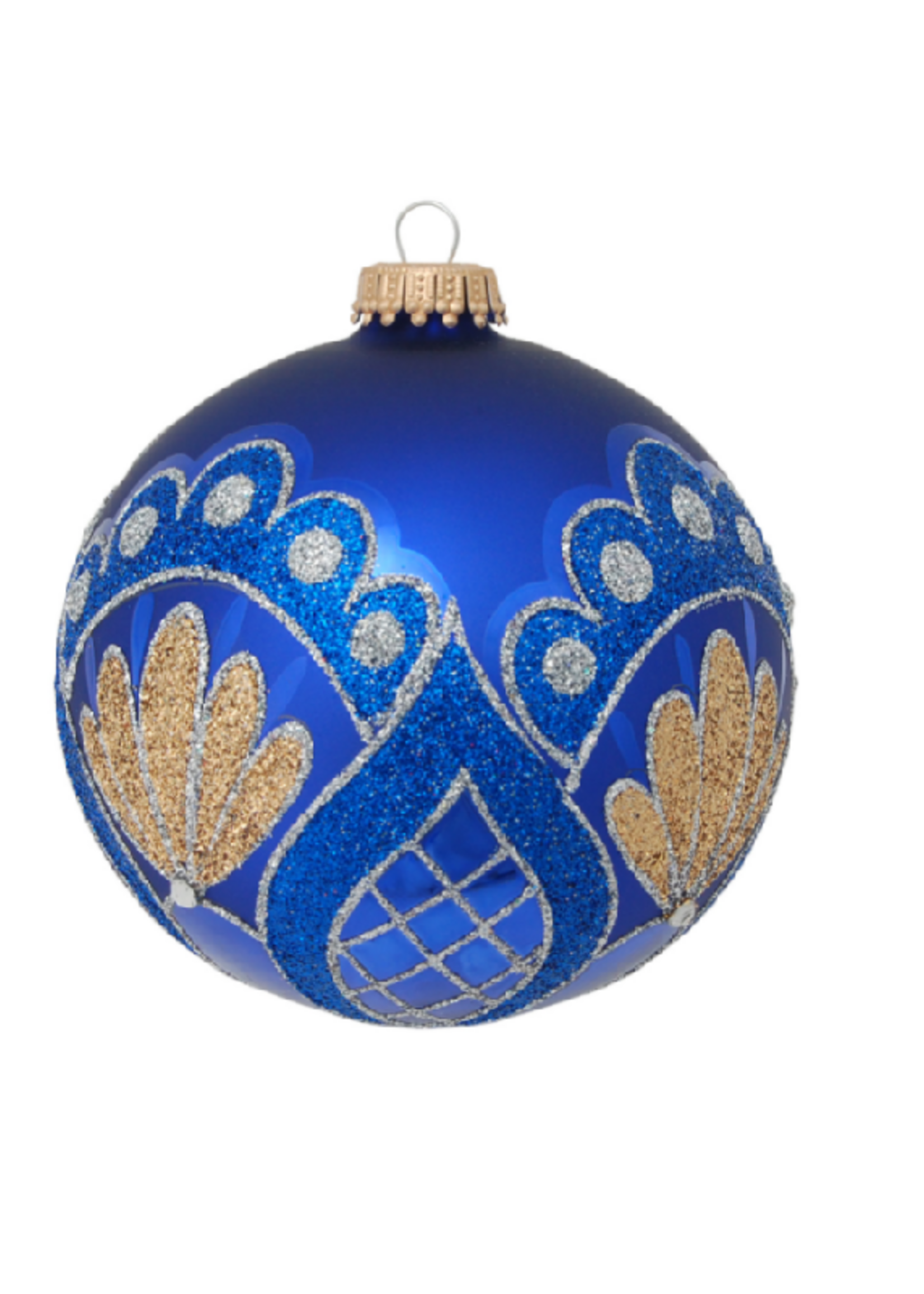 Krebs Glas Lauscha Glazen kerstbal blauw met gouden en blauwe glitter decoratie 8 cm