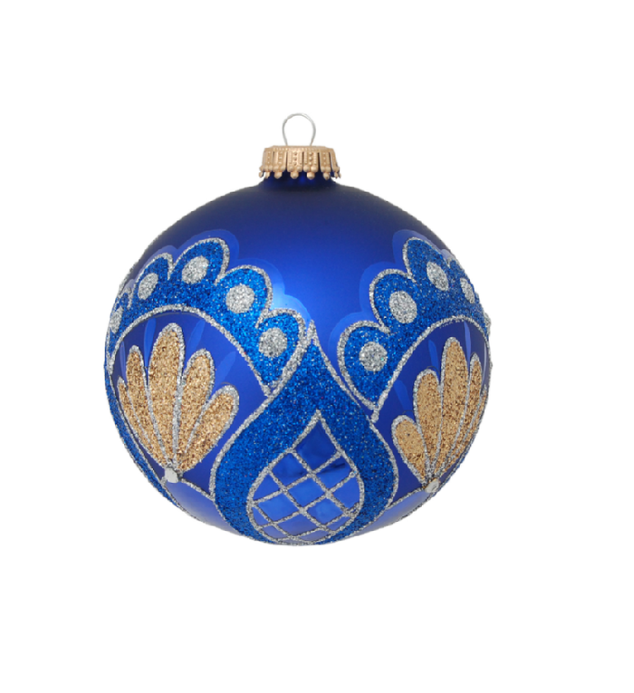 Krebs Glas Lauscha Glazen kerstbal blauw met gouden en blauwe glitter decoratie 8 cm