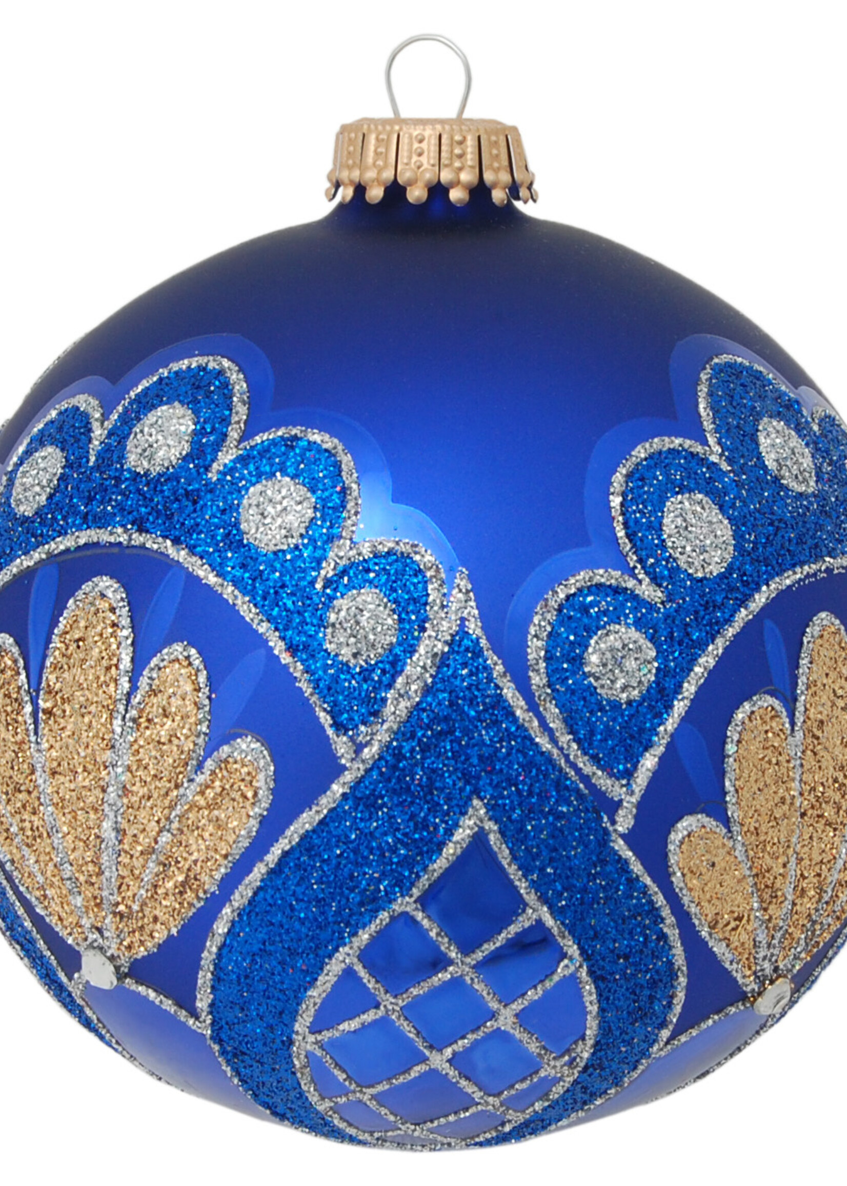 Krebs Glas Lauscha Glazen kerstbal blauw met gouden en blauwe glitter decoratie 8 cm