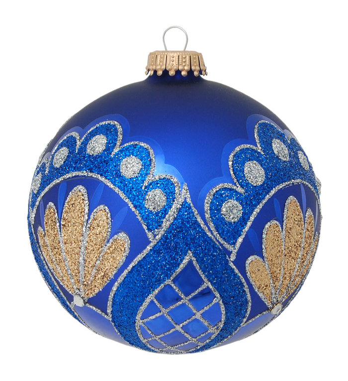Krebs Glas Lauscha Glazen kerstbal blauw met gouden en blauwe glitter decoratie 8 cm