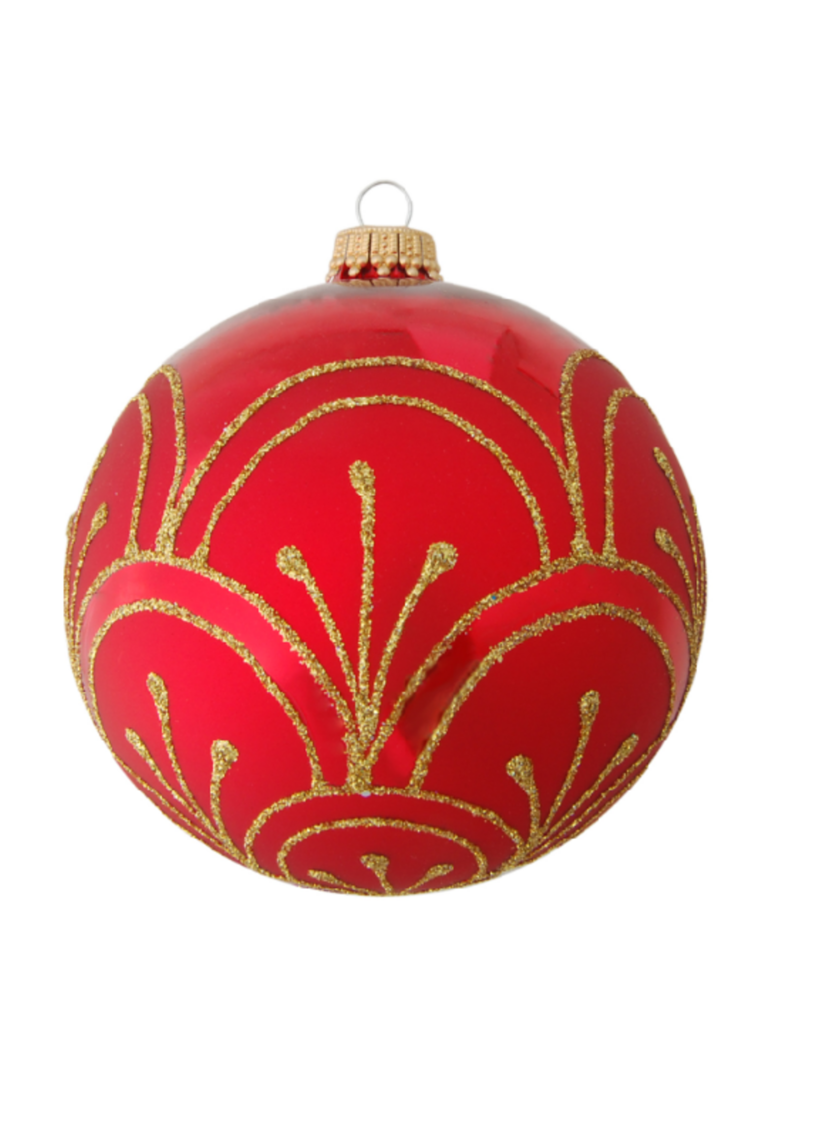 Krebs Glas Lauscha Glazen kerstbal rood met gouden glitter lijnen 8 cm
