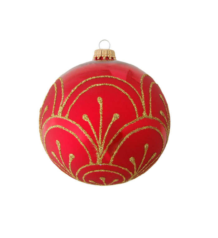 Krebs Glas Lauscha Glazen kerstbal rood met gouden glitter lijnen 8 cm