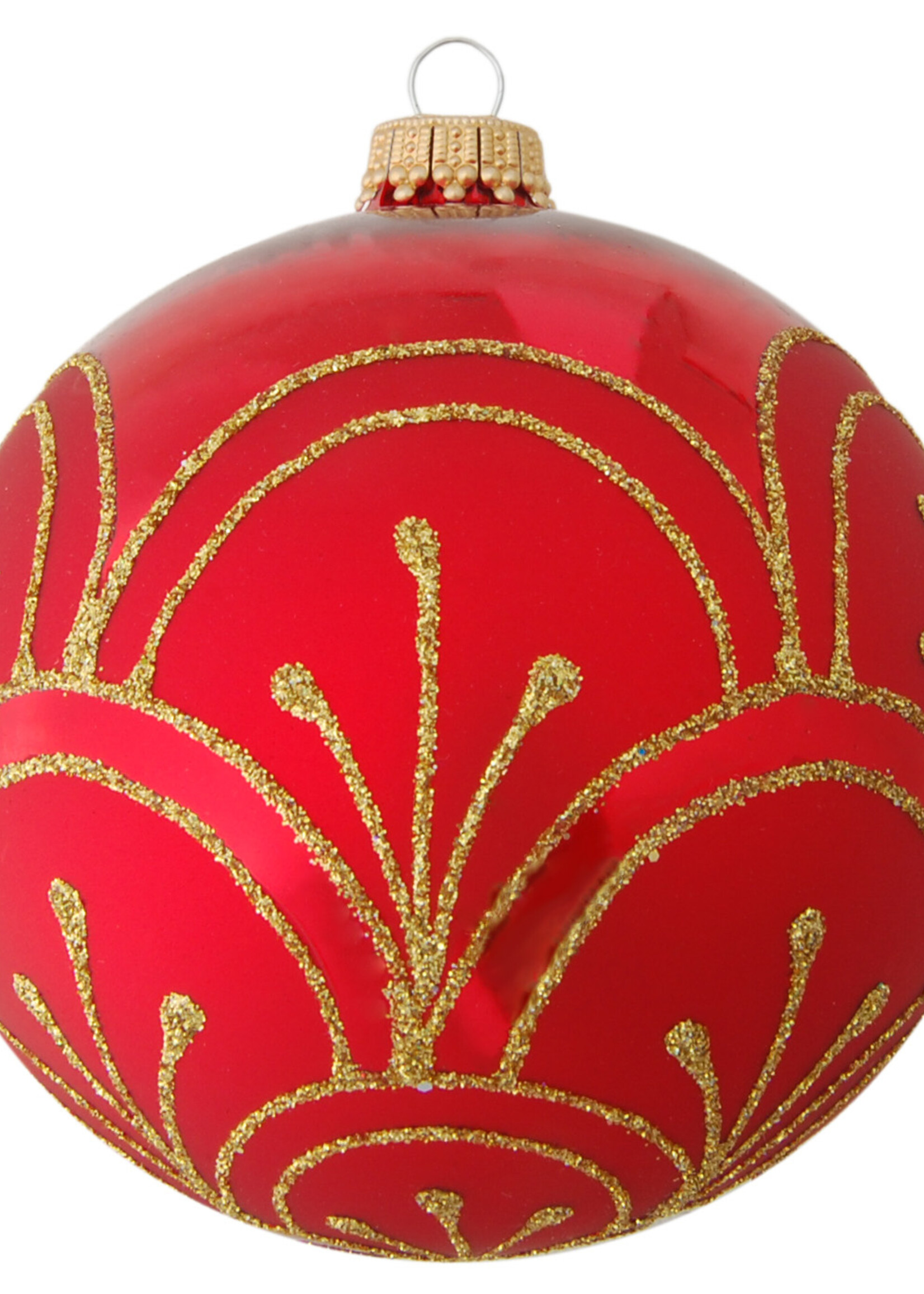 Krebs Glas Lauscha Glazen kerstbal rood met gouden glitter lijnen 8 cm
