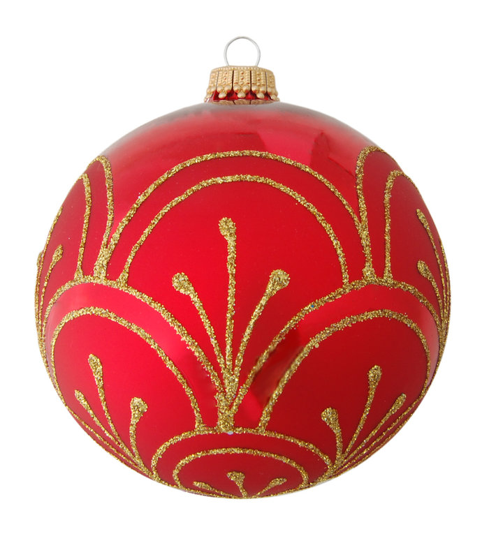 Krebs Glas Lauscha Glazen kerstbal rood met gouden glitter lijnen 8 cm